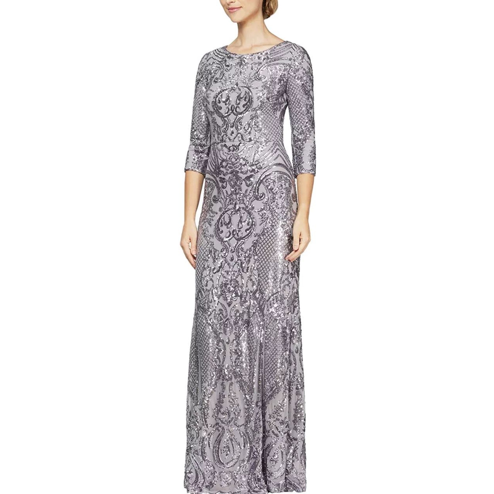 Alex Evenings Women's Long Evening Sequin Dress 3/4 Sleeves SZE 8 LILAC