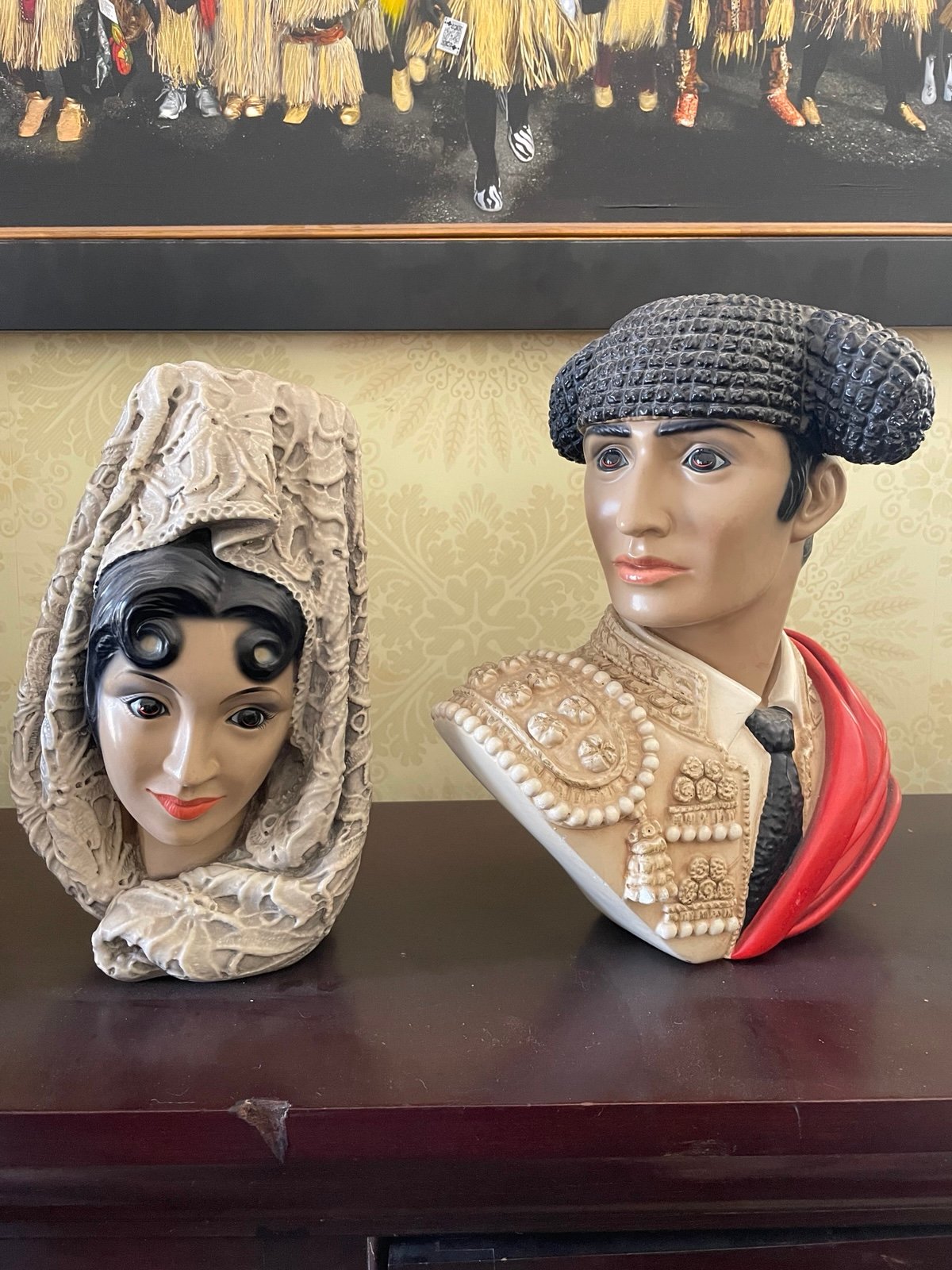 1966 Chalkware MCM Marwal Matador Spanish Bull Fighter & Lady Senorita Busts VG