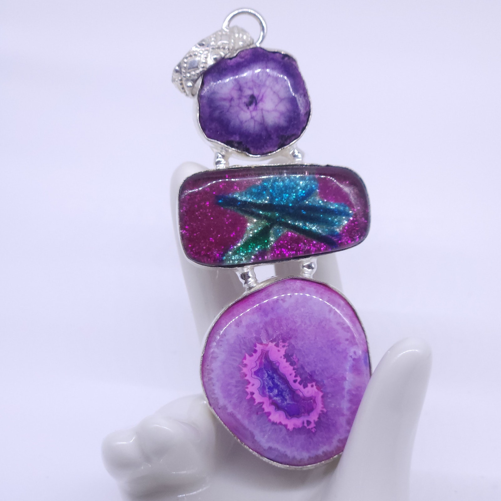 Striking Purple and Multicolored Gemstone Pendant with Unique Patterns, 1.5x3