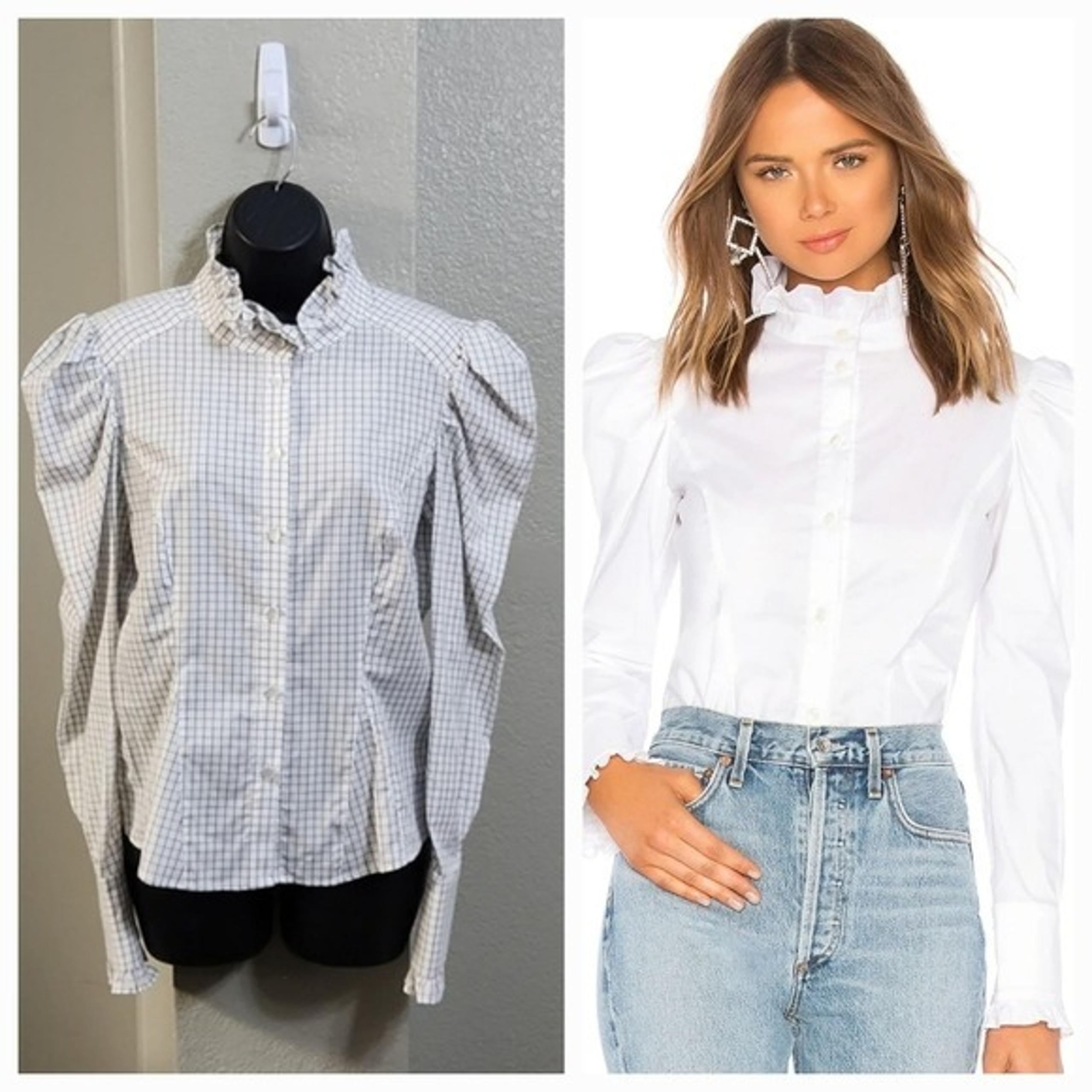 Petersyn Sasha Victorian Ruffle Puff Sleeve Button Down in White/Black Size M