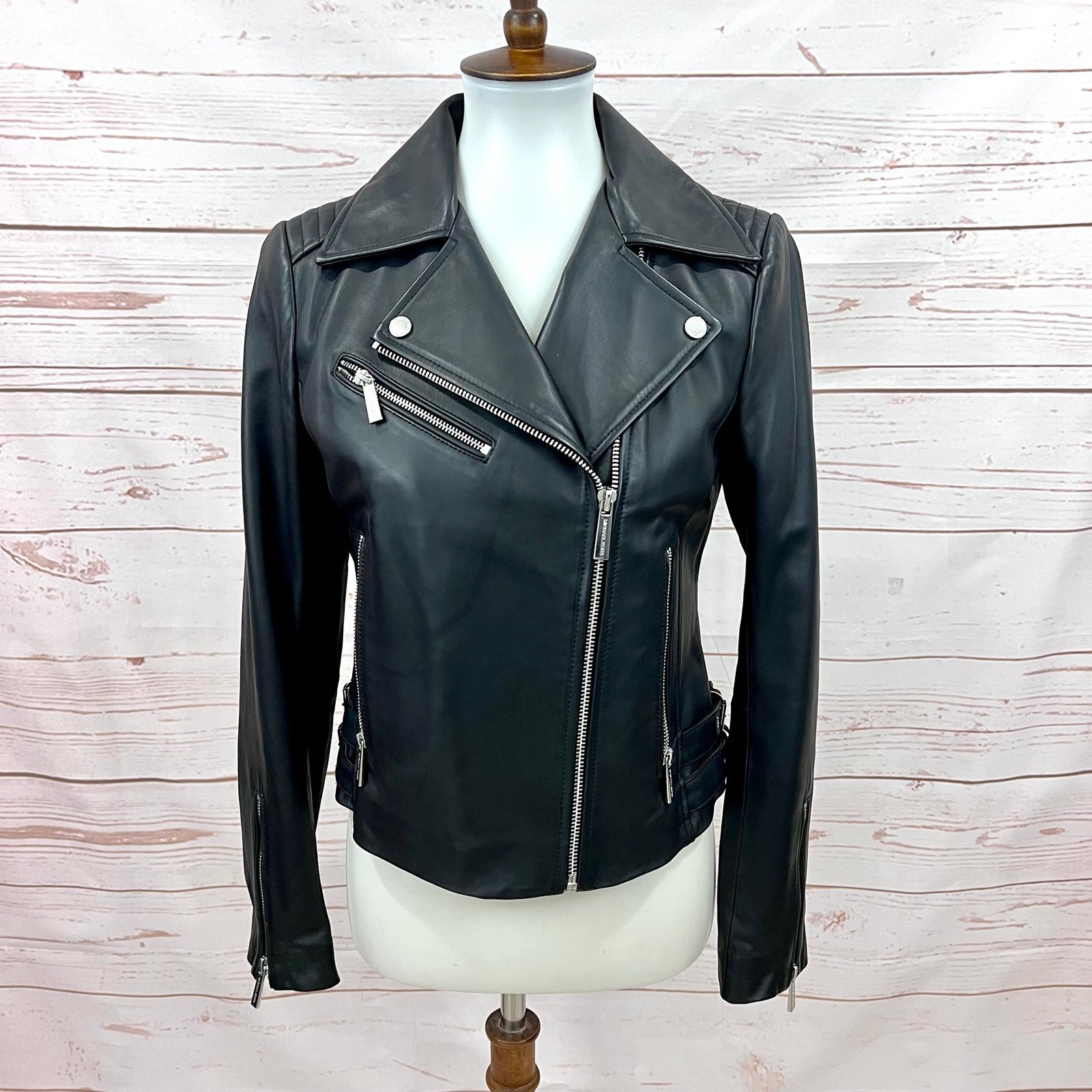 Michael Kors Quilted Genuine Leather Asymmetrical Zip Buckle Moto Jacket
