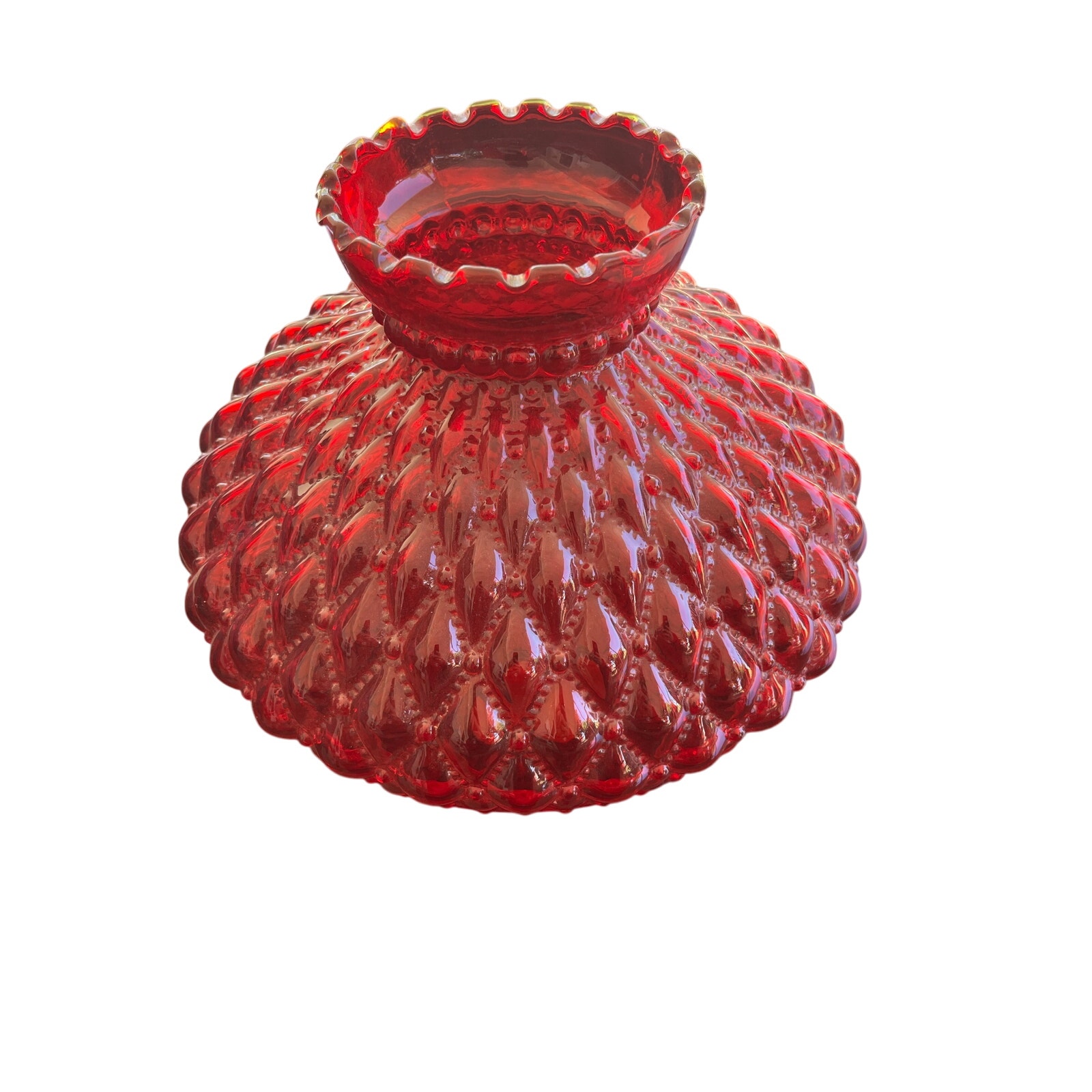 Vintage Ruby Red Quilted Diamond Glass Light Lamp Shade Crimped Edge