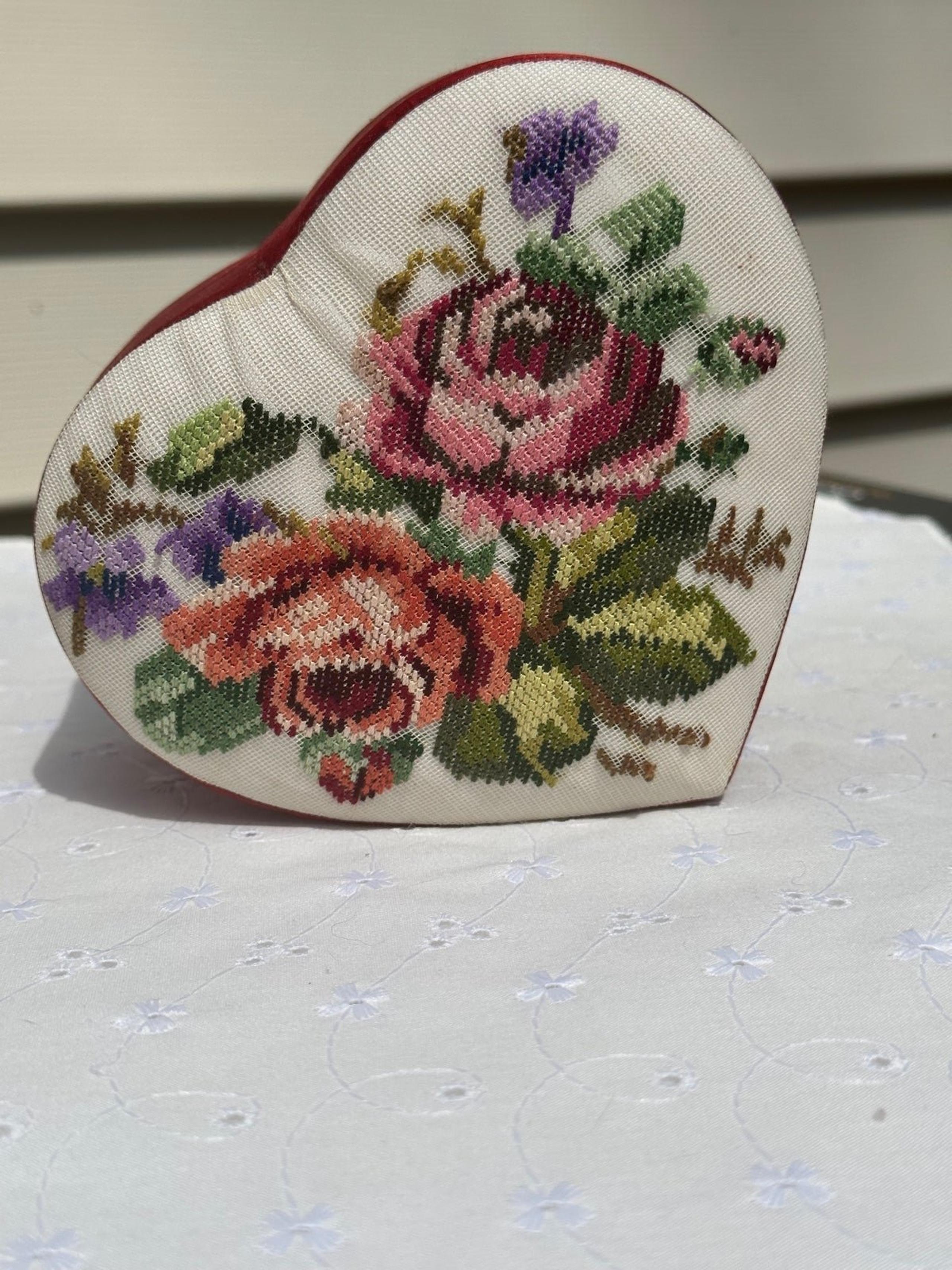 Vintage Needlepoint Valentine’s Roses Satin Heart Jewelry Chocolate Trinket Box