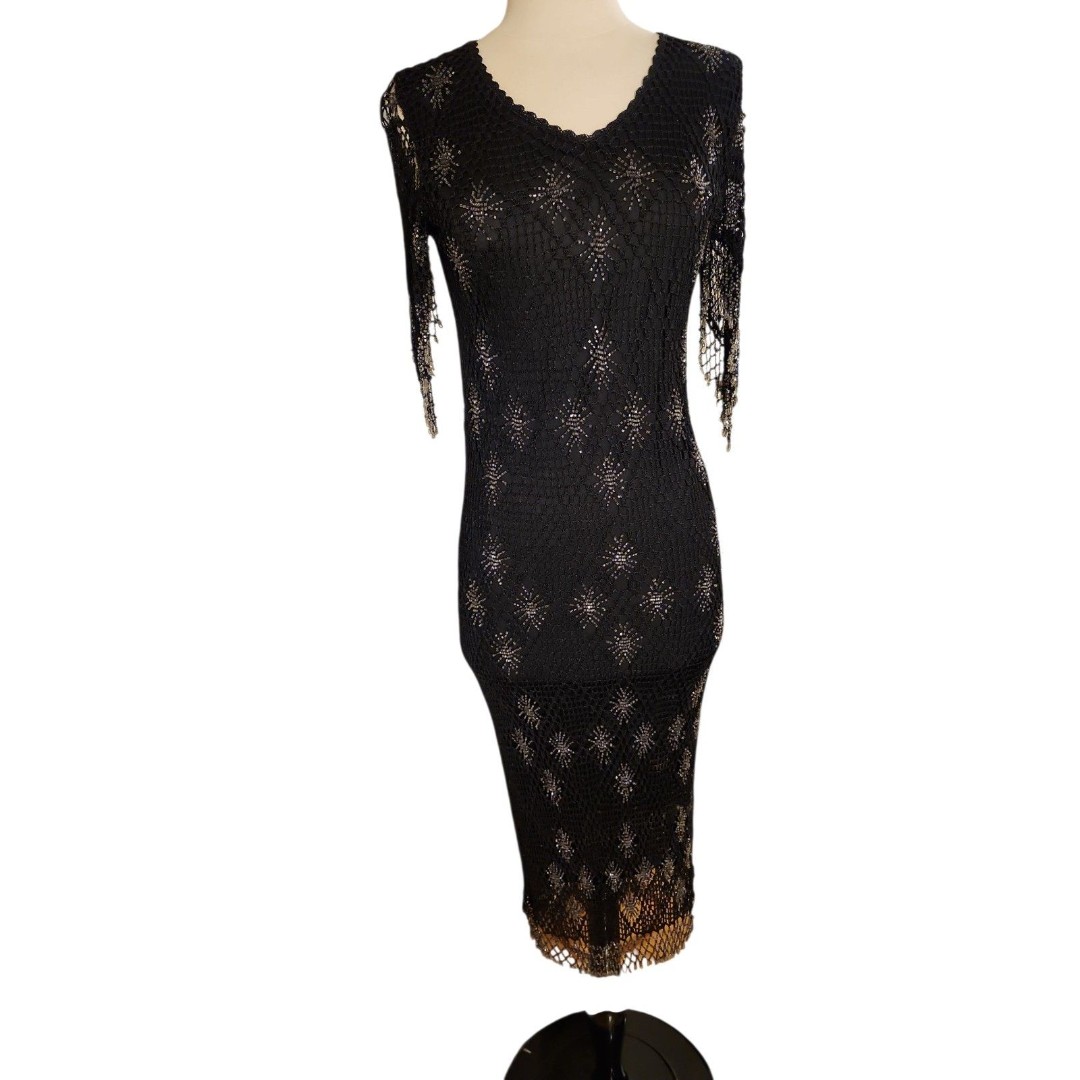 Kroshetta By Papillion Black Widow Midi Dress Womens Medium Crochet Beaded NWT