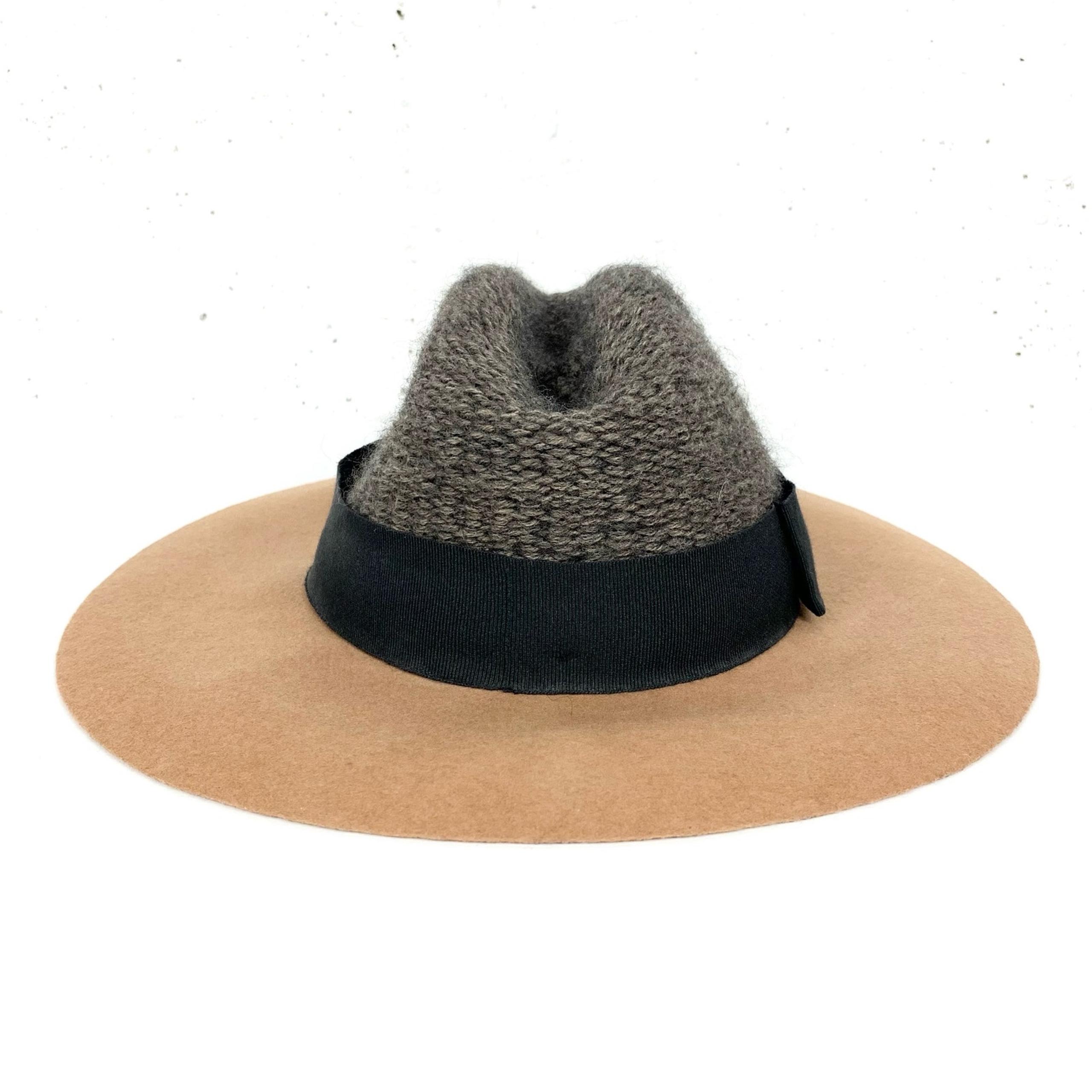 Anthropologie Bettina Womens Wool Mohair Hat Grey Tan Black Flat Bow Wide Brim