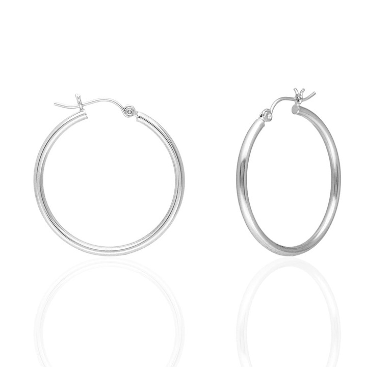 14K White Gold 2mm Round Hoop Earrings 30mm