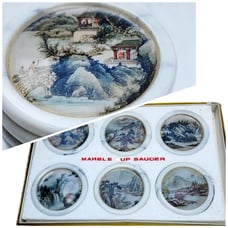 Vintage 60s Chinese Set of 6 Coasters Marble & Glass Village Landscape Barware