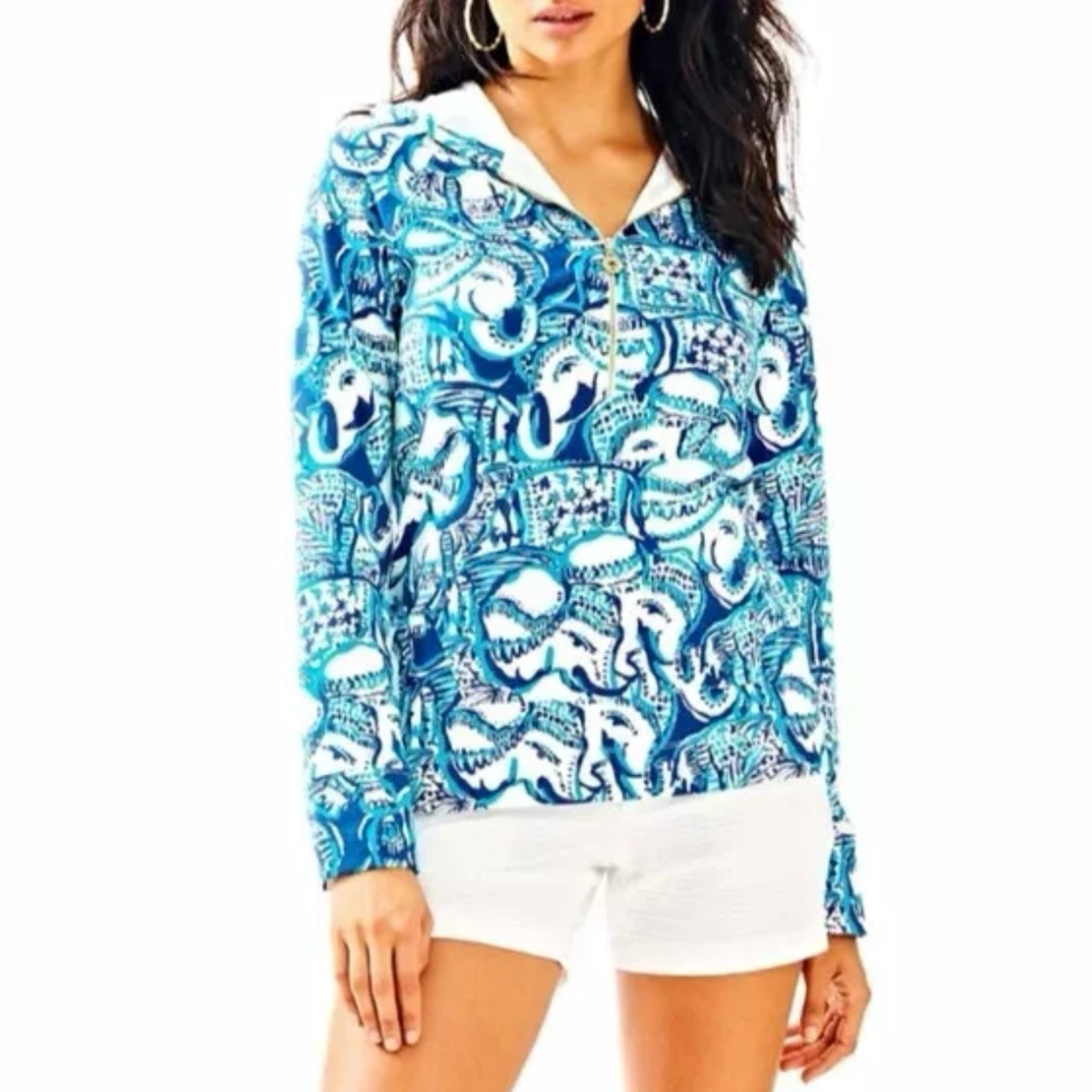 Lilly Pulitzer Hooded Skipper 1/4 Zip Sweatshirt Hoodie Elephant Indigo Truckin