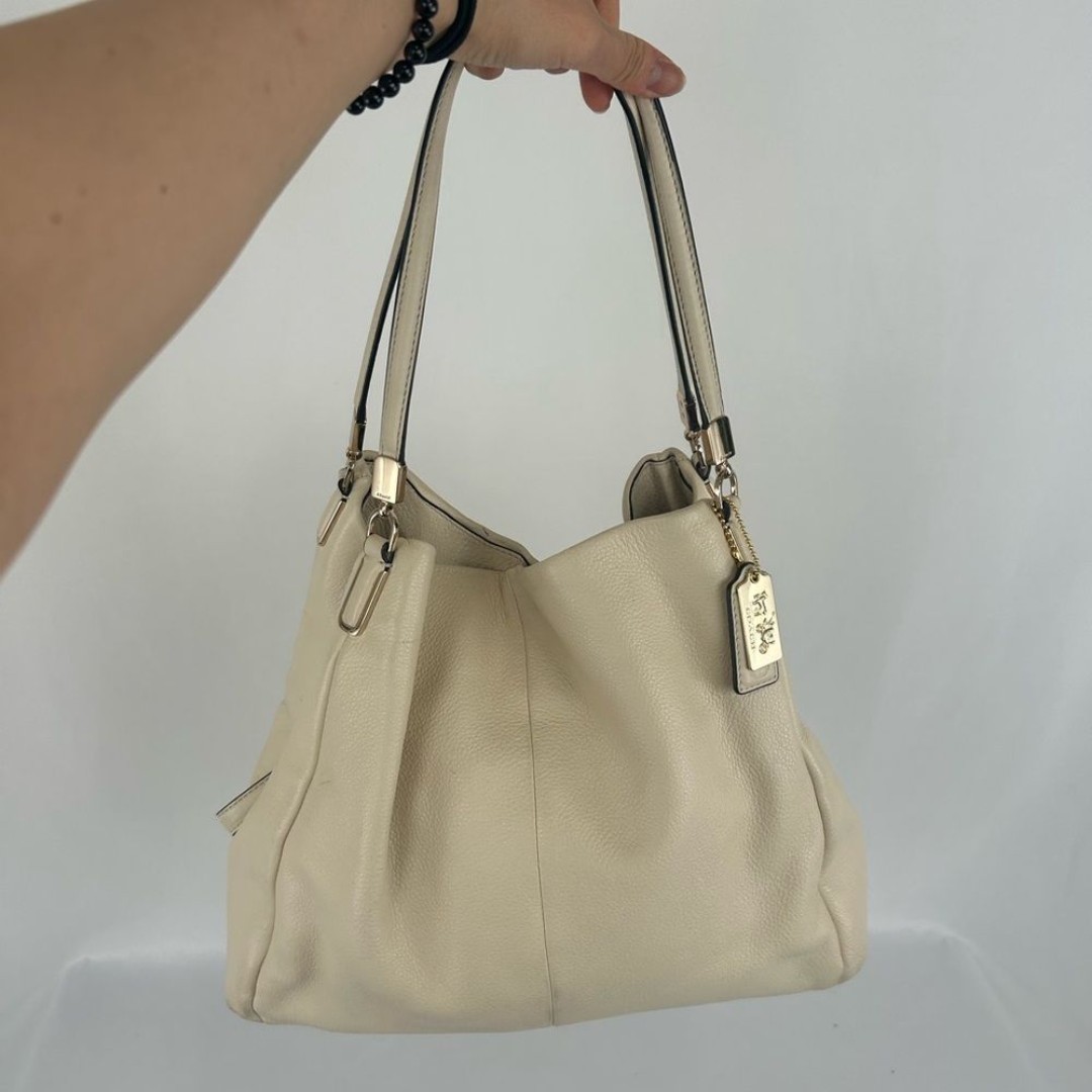 Coach Cream Pebbled Genuine Leather Large Tote Shoulder Bag