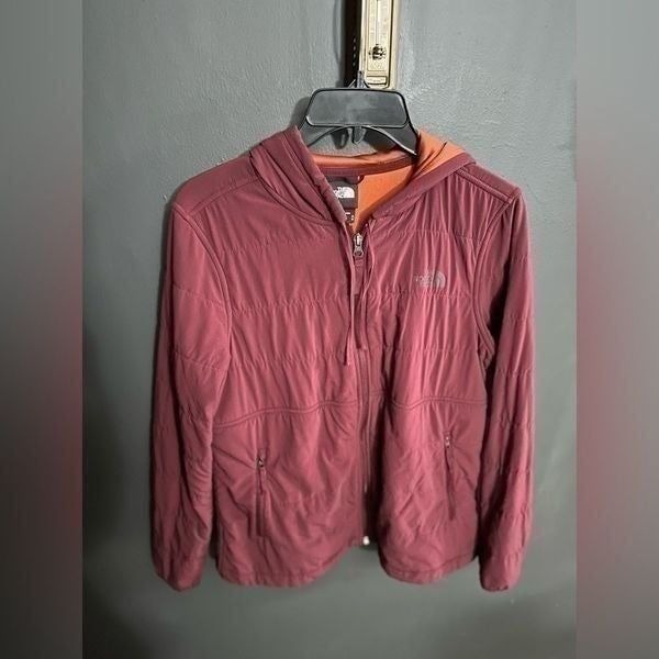The Northface Zipup Quilted Hoodie Jacket Burgandy With Orange Acccents Medium
