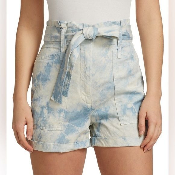 New ALC Davidson Bleached Shorts High Rise Paperbag Tie Waist Belt Linen Blend 0