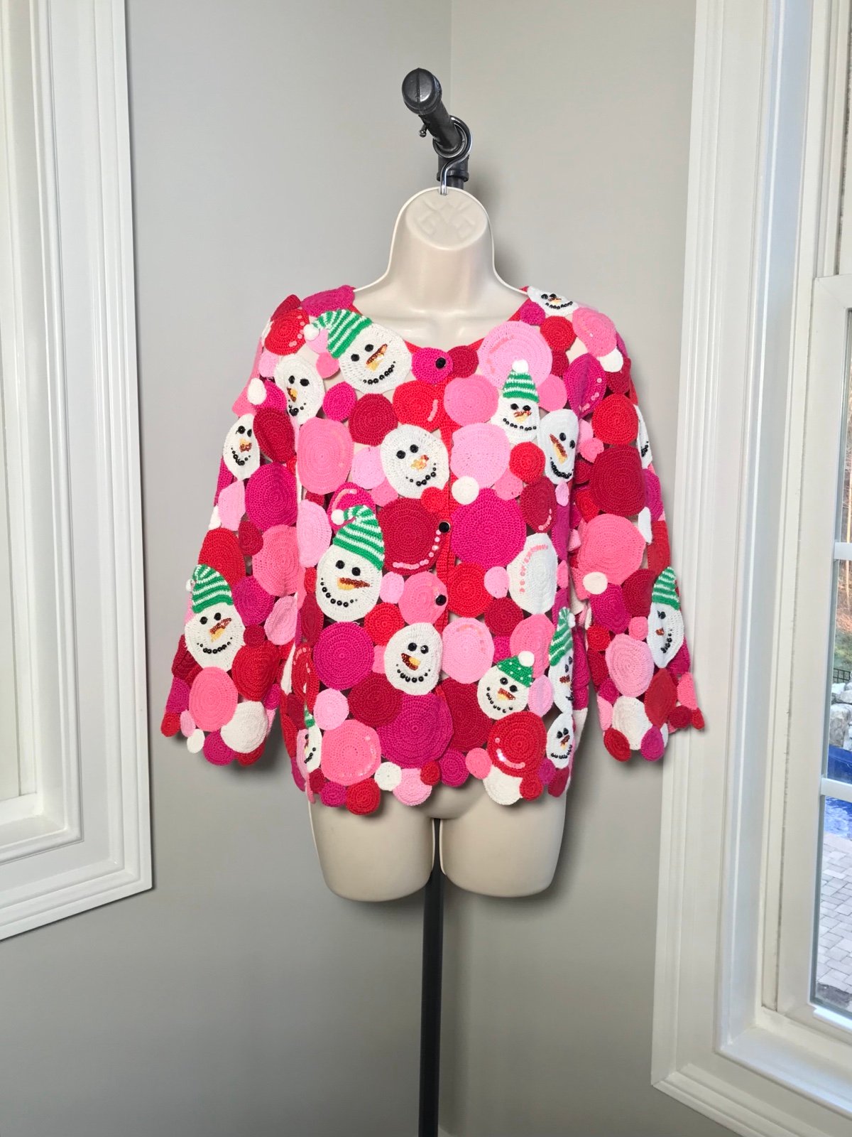 Vintage Michael Simon Crochet Christmas Snowman Cardigan - Women’s XL