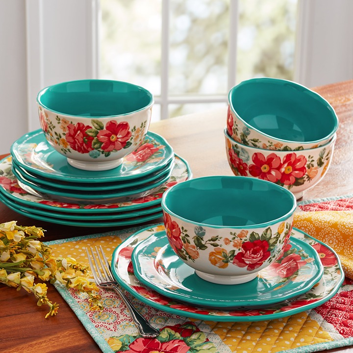 The Pioneer Woman Vintage Floral 12-Piece Dinnerware Set, Teal 39783