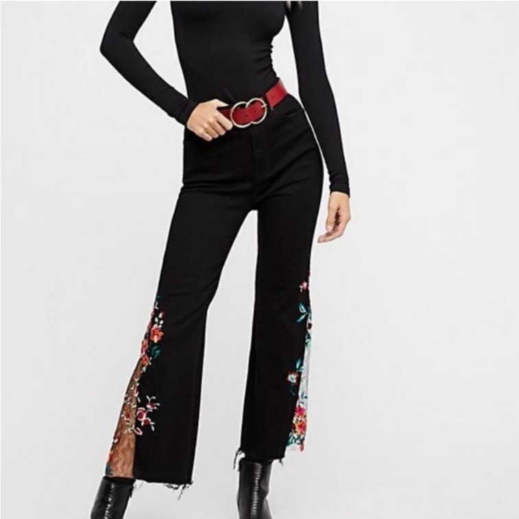 Free People We The Free Embroidered Lace Flare Jeans in Night Shade