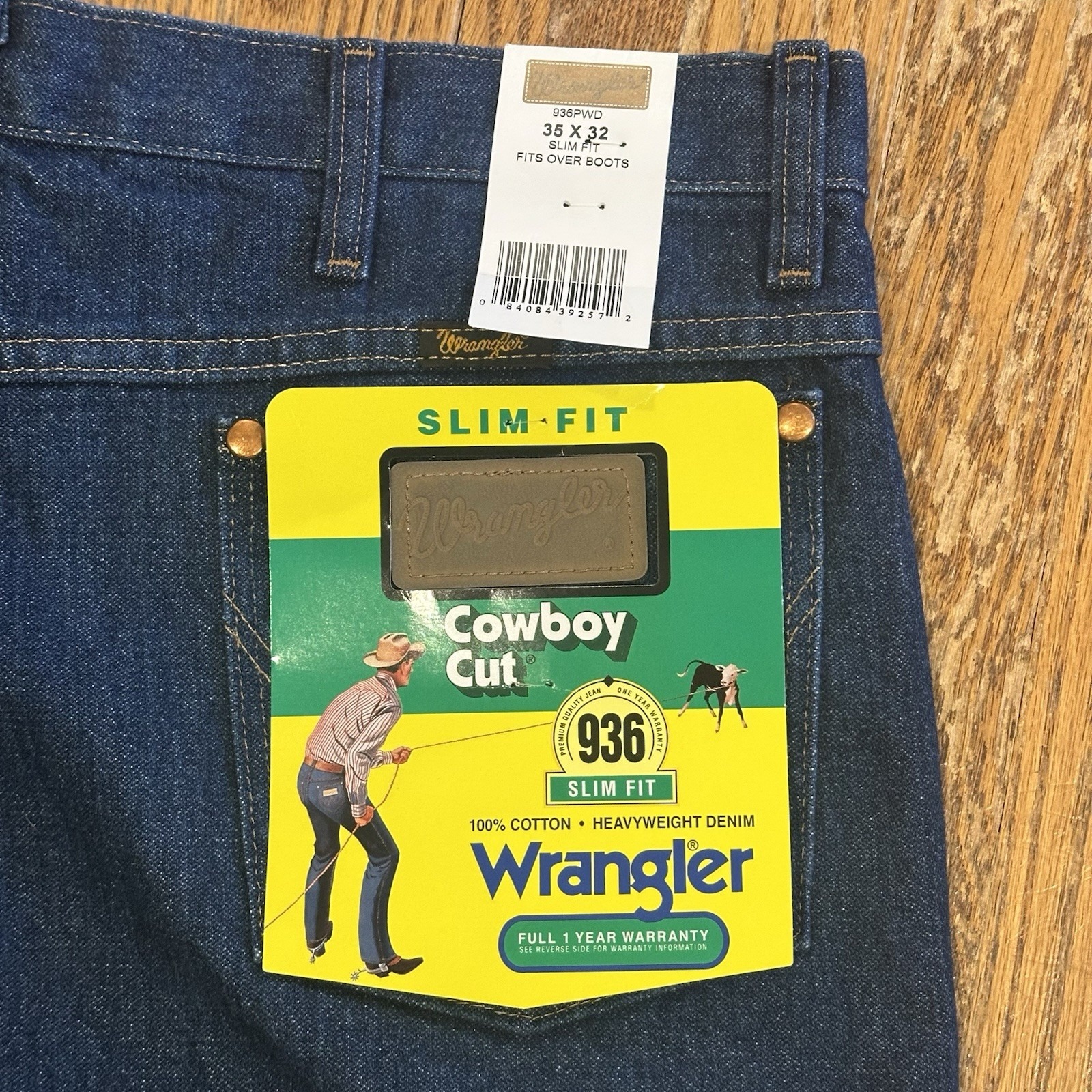 Vintage Wrangler 936DEN Cowboy Cut Rigid Denim Jeans Slim Fit 35 X 32 Dark Wash