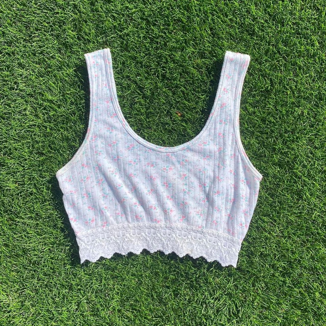 90s Vintage Tiny Floral Cotton Lace Babydoll Crop Top Shirt Small Medium Womens