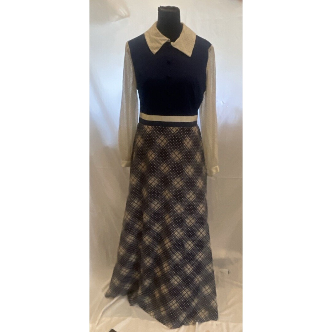 vintage 60s? 70s? Dark Academia Dress Plaid Polkadot Blue Long sleeve collard