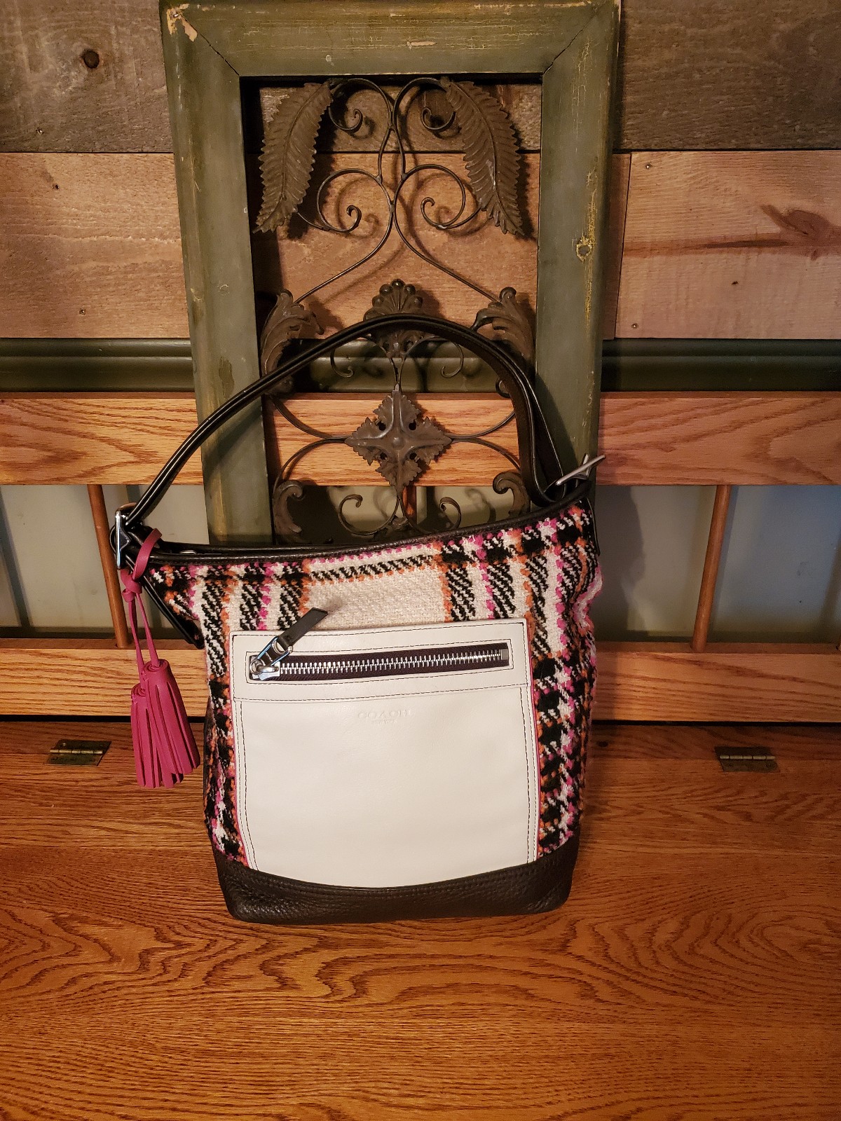 Coach Legacy Duffle Wool Plaid & Leather Shoulder Bag