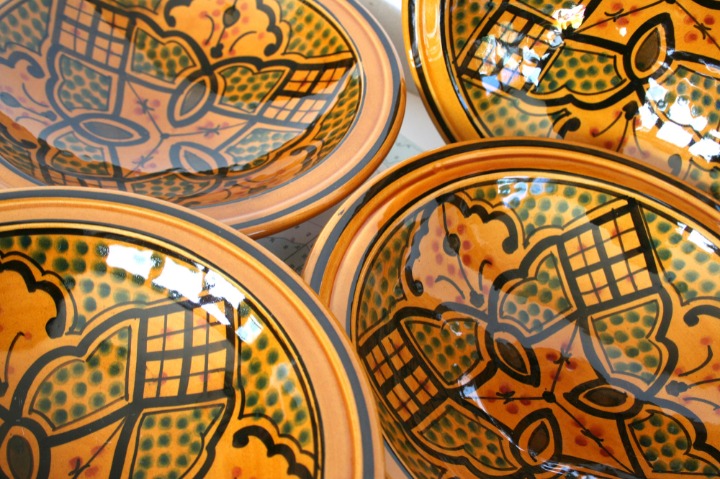 Four La Souk Ceramique salad or pasta bowls hand made in Tunisia ornate honey