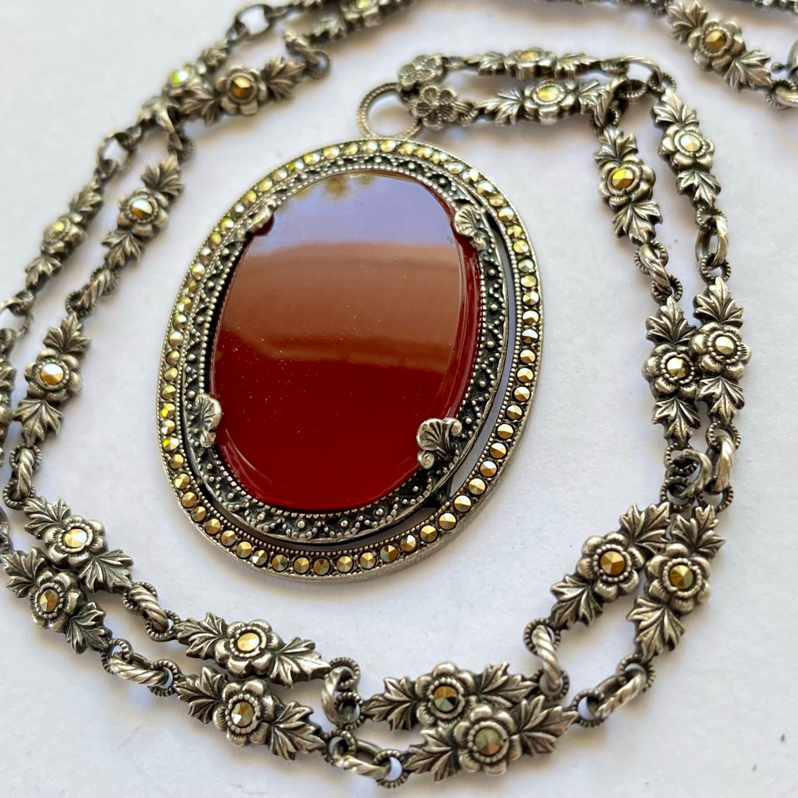 Sterling Carnelian Pendant Necklace – Marcasite & Floral Link Chain