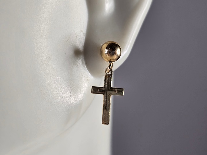 Womens Vintage Estate 14K Yellow Gold Religious Cross Stud Earrings, 1.2g E4813