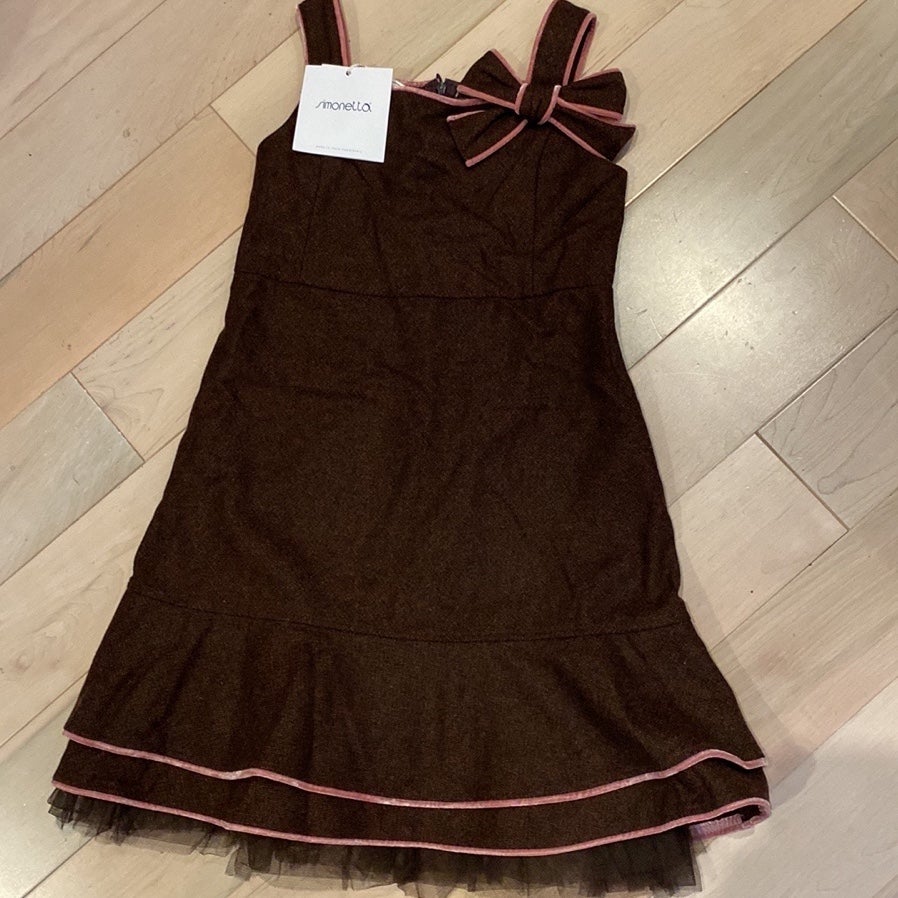 Simonetta girls brown wool pink velvet trim bow dress