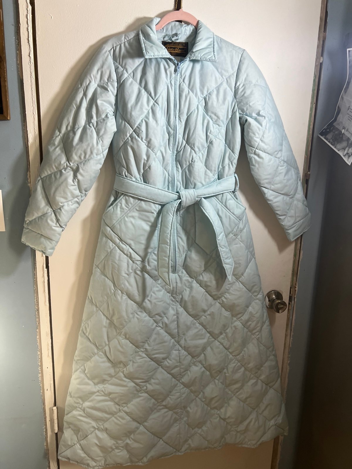Vintage Eddie Bauer Quilted Goose Down Long Robe House Coat Belted Zip s/m L