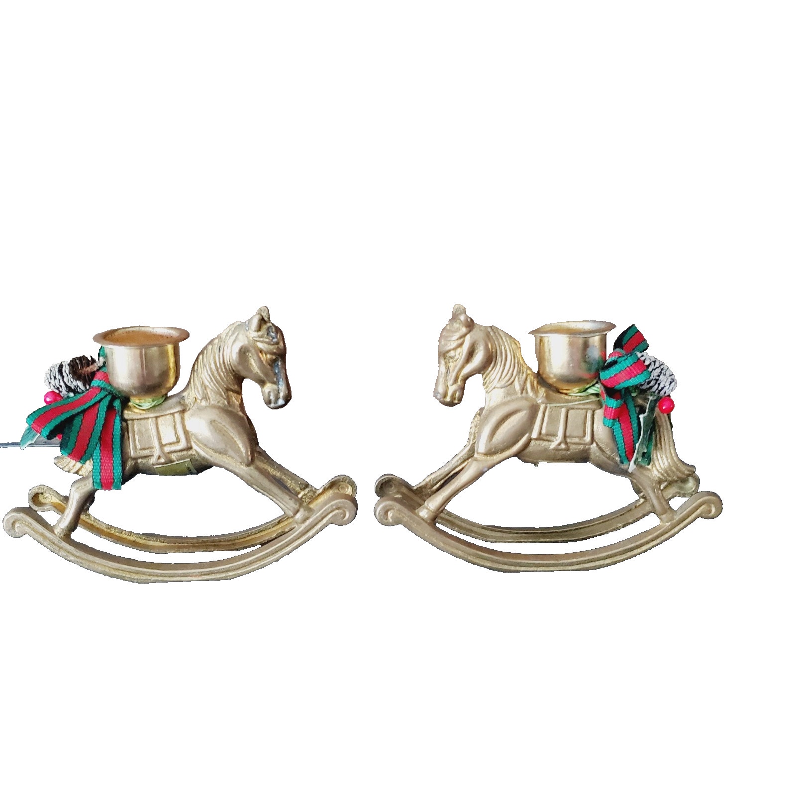 Vintage Lord & Taylor Christmas Rocking Horse Candle Holder Set of Two Brass