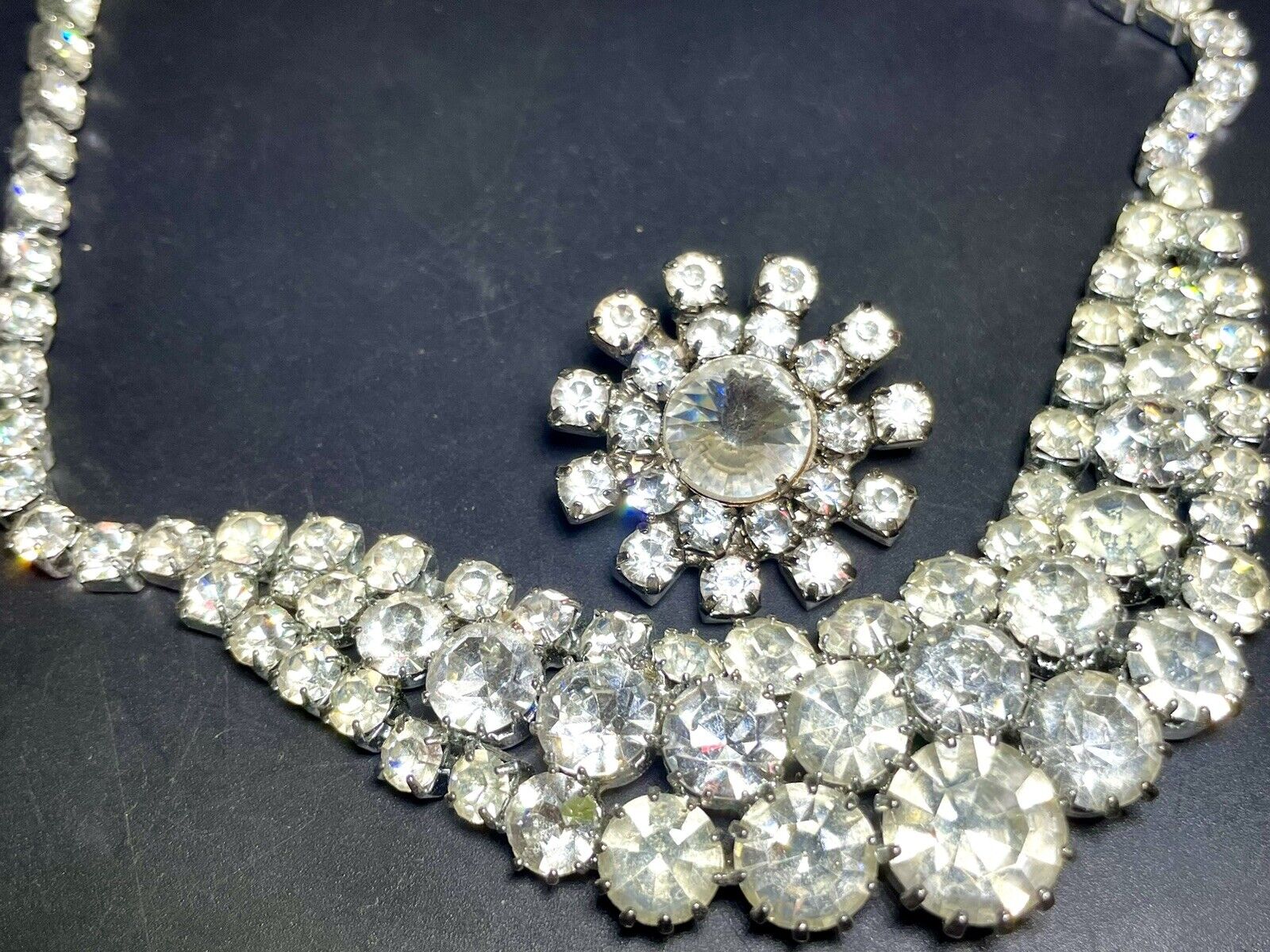 Large Clear Crystal Rhinstone Necklace and Brooch