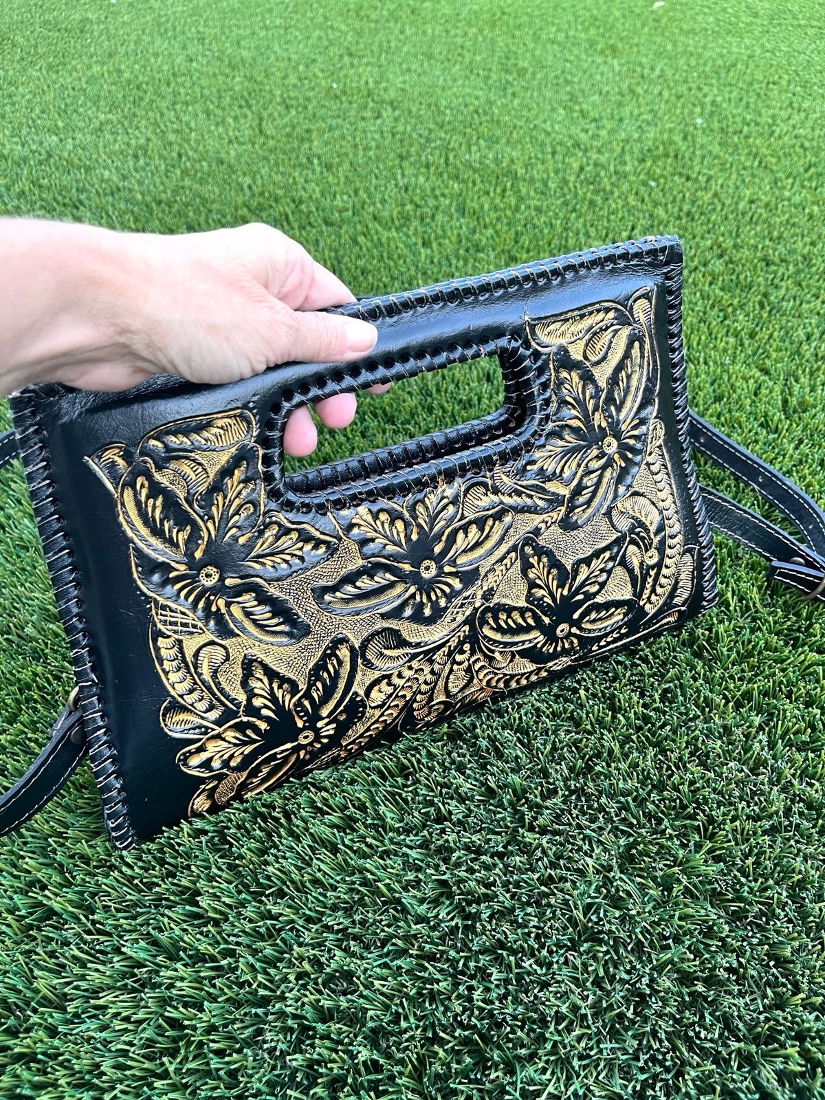 hand tooled small leather crossbody clutch and wallet