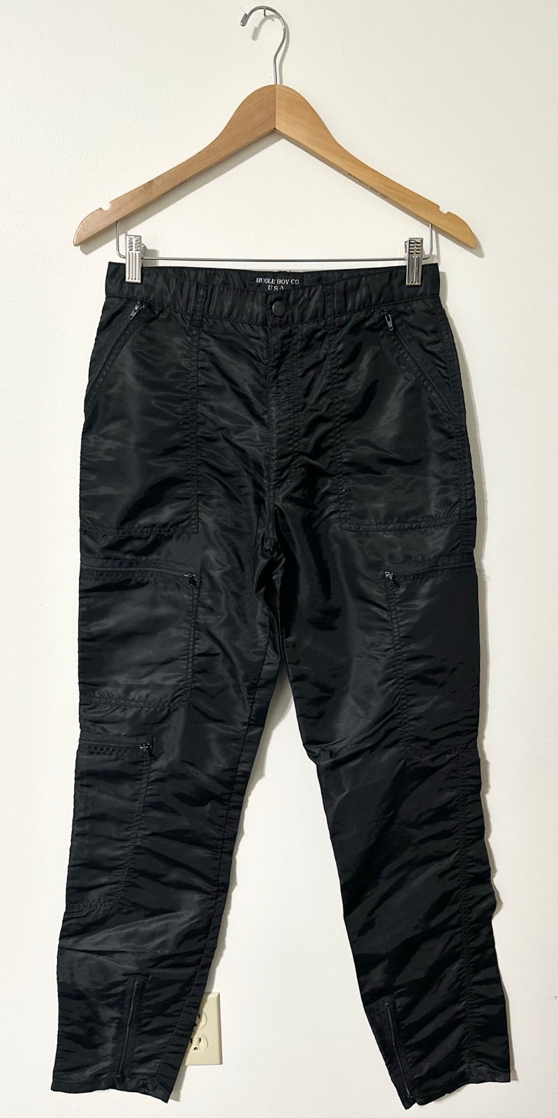 Men's Vintage BUGLE BOY Black Zipper Parachute Nylon Rave Pants Size 31 L