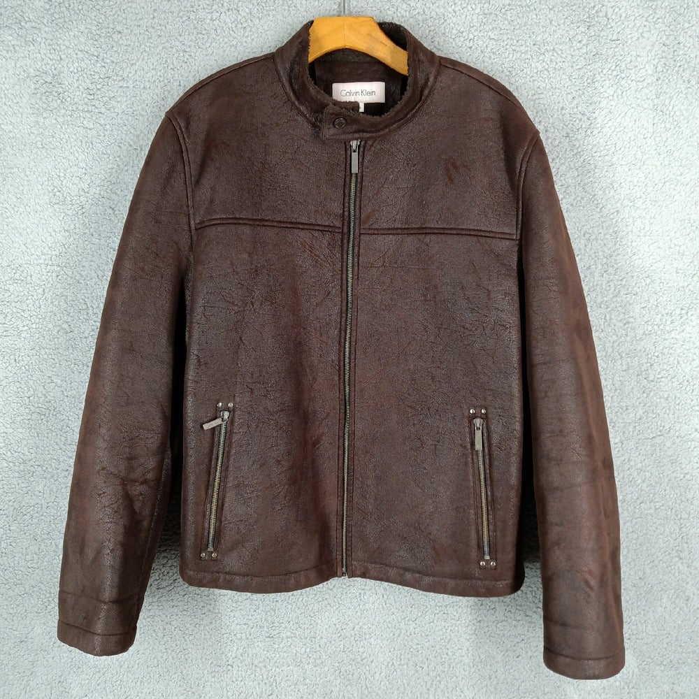 Calvin Klein Men's Size Medium Faux Leather Jacket Sherpa Lined Brown Coat
