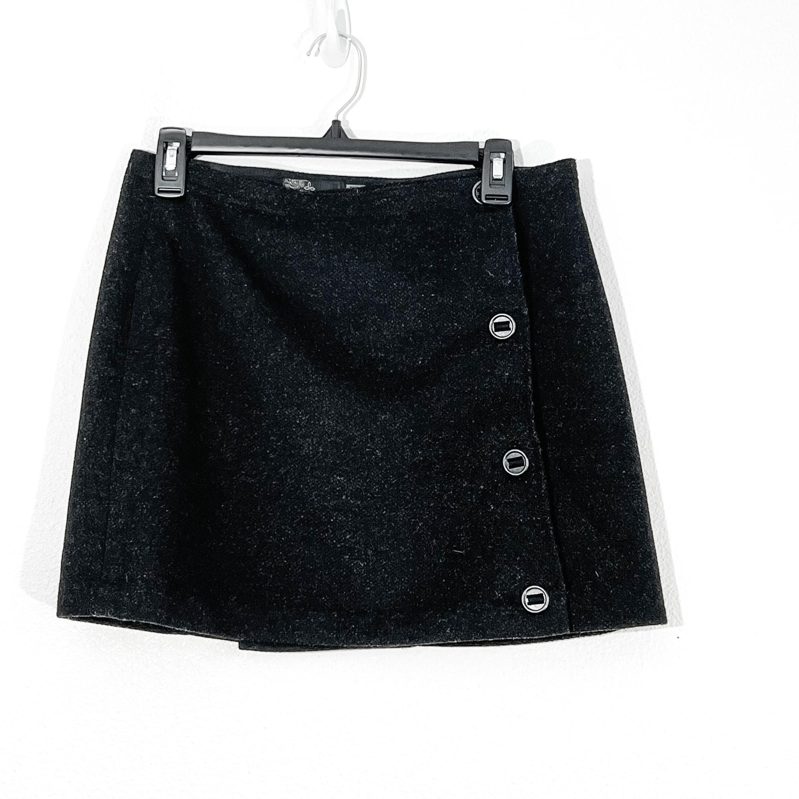 Prana Mini Skirt  Womens 4 Gray Twee Dark Academia A-line Tweed Wool Wrap Nicky