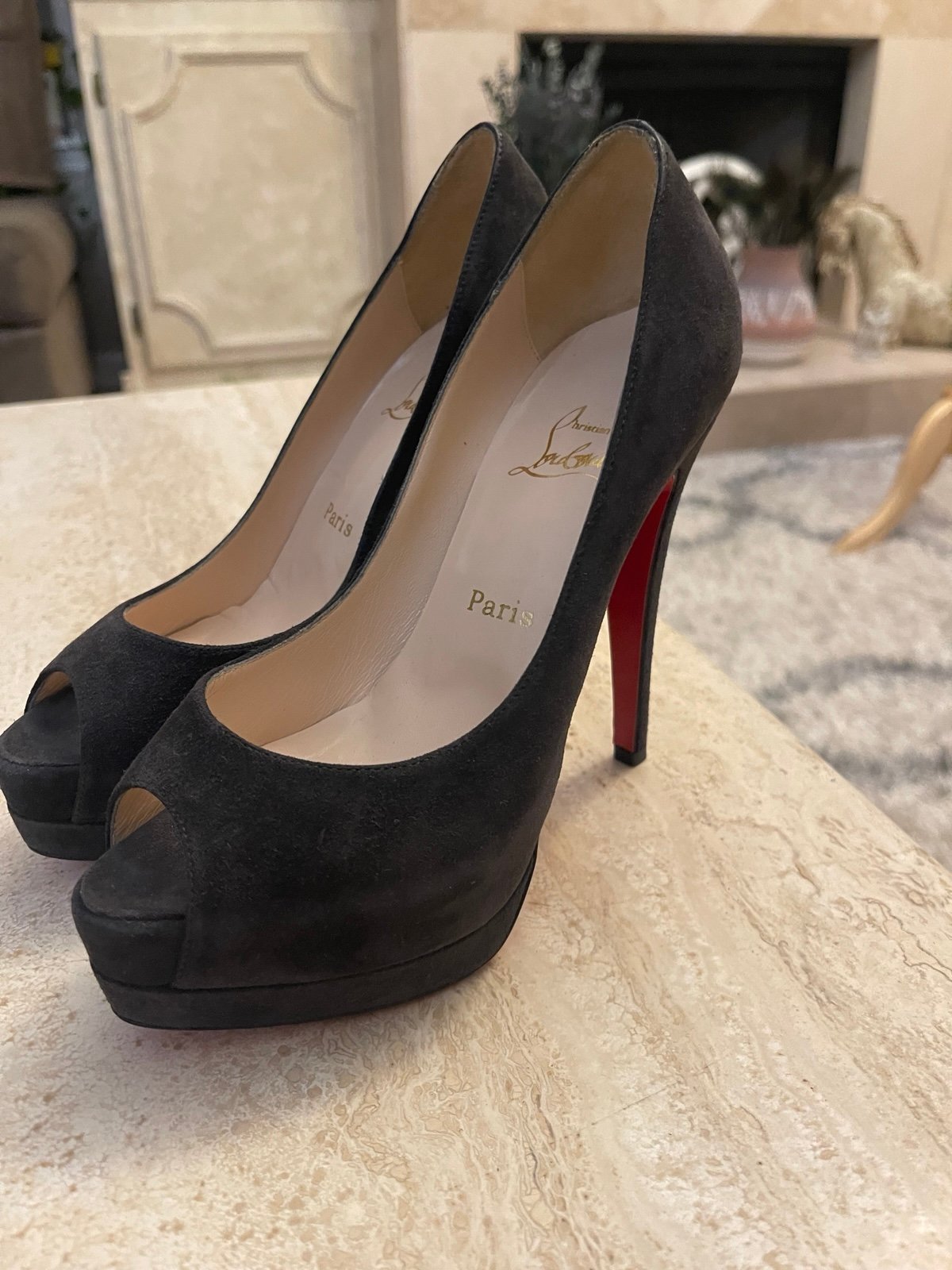 Christian Louboutin Women Shoes Heels 35.5 Black Suede Authentic Peep Toe