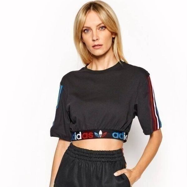 Adidas Originals Adicolor Crop Top Tee Primeblue Black Shirt France Trefoil S