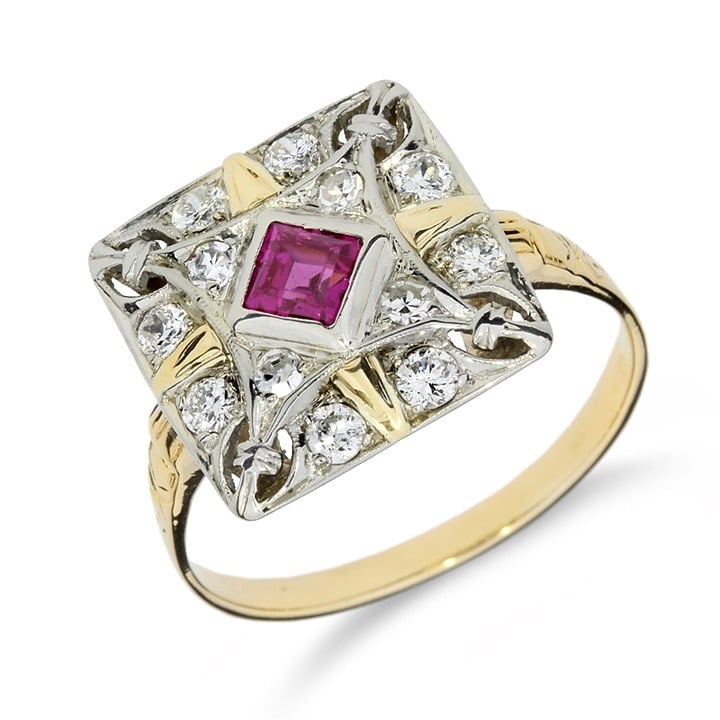 Vintage 14K Yellow and White Gold Ruby & Natural Diamond Cluster Ring GR-2659