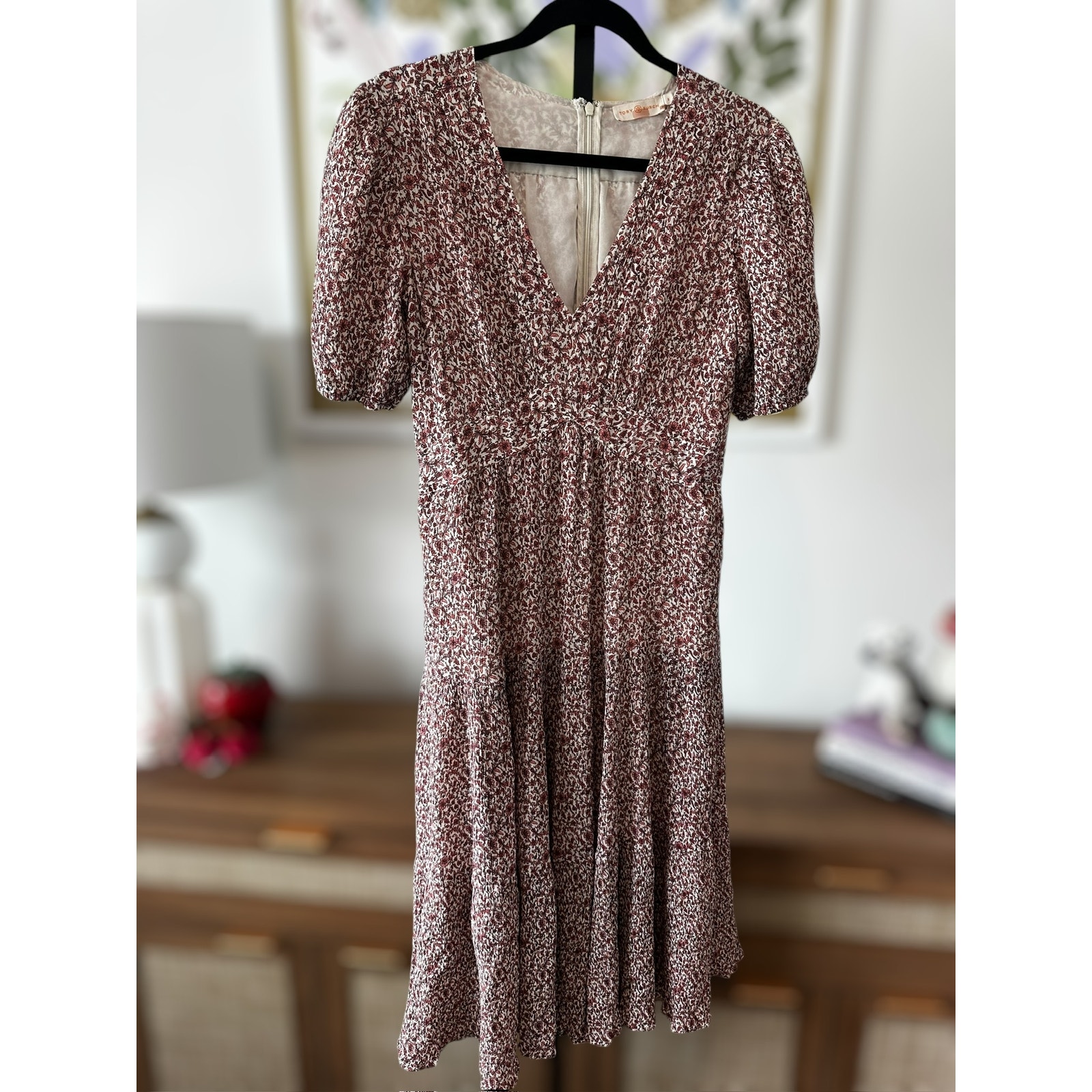 Tory Burch Floral Tiered Cotton-Silk Short Sleeve Midi Dress Red Keepsake Size 8