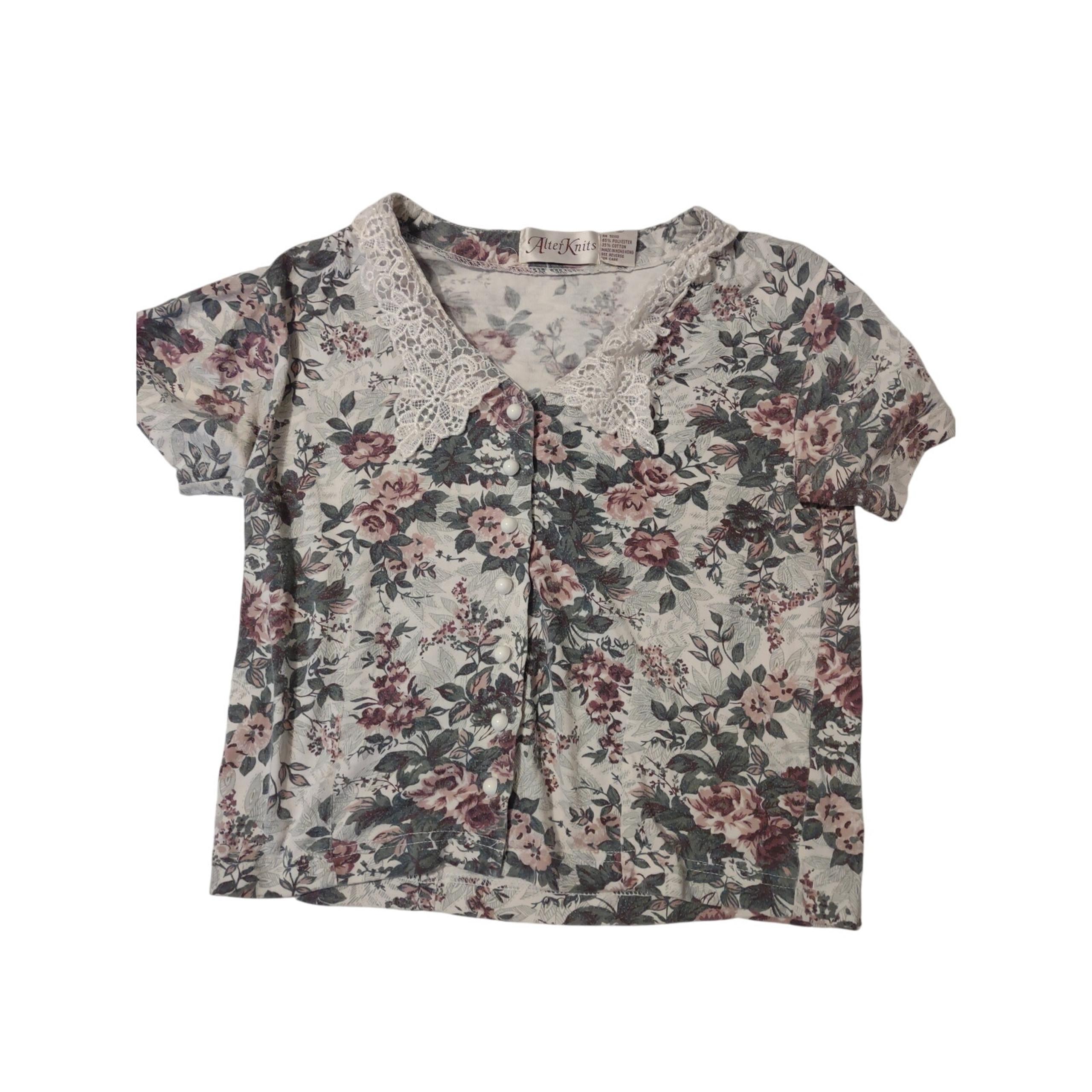 VTG Floral Blouse Small Crochet Collar Detail Grandmacore Cottagecore Bohemian