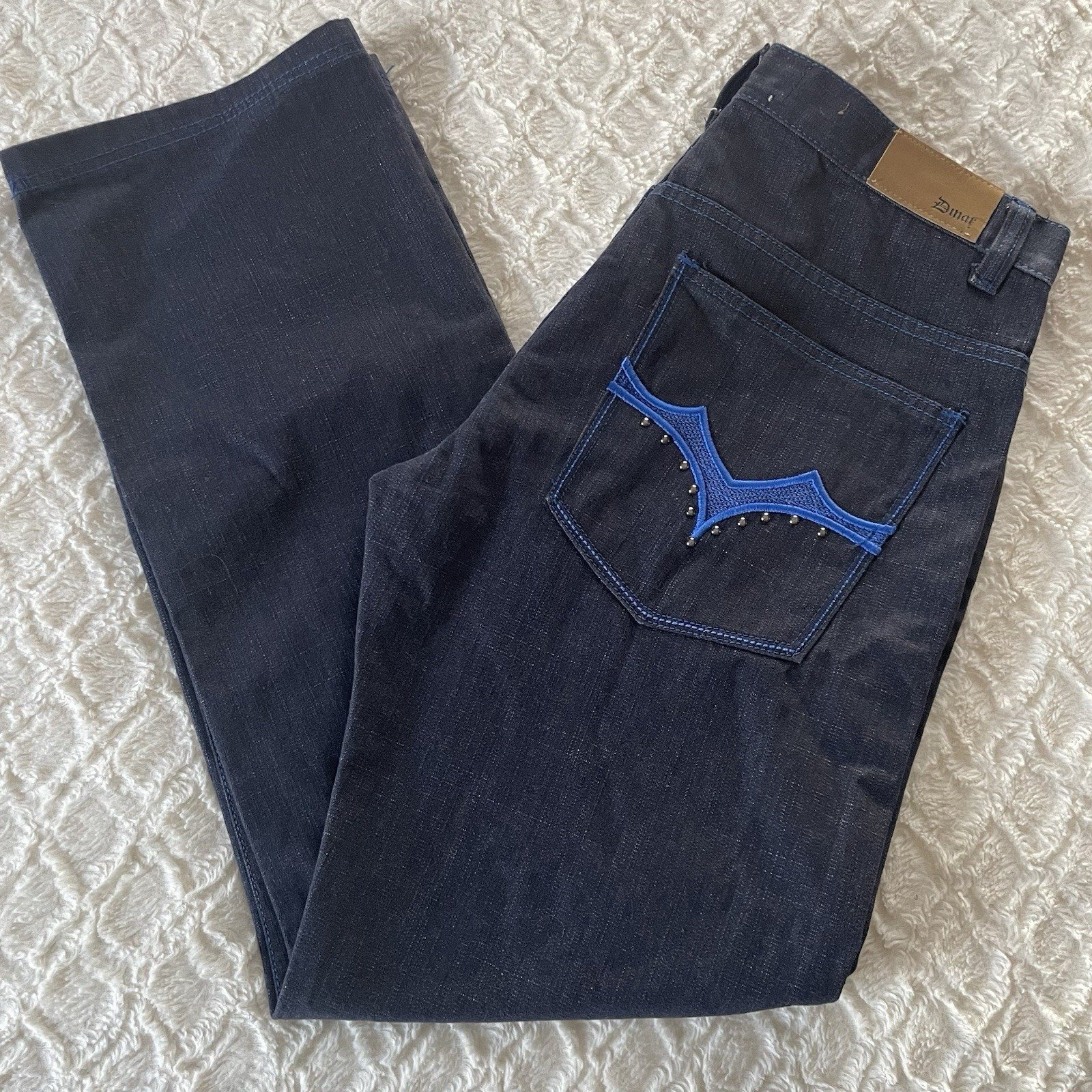 Y2K Dmar Baggy Navy Blue Jeans Mens 38x34 Grunge Skater Mall Goth Embroidered