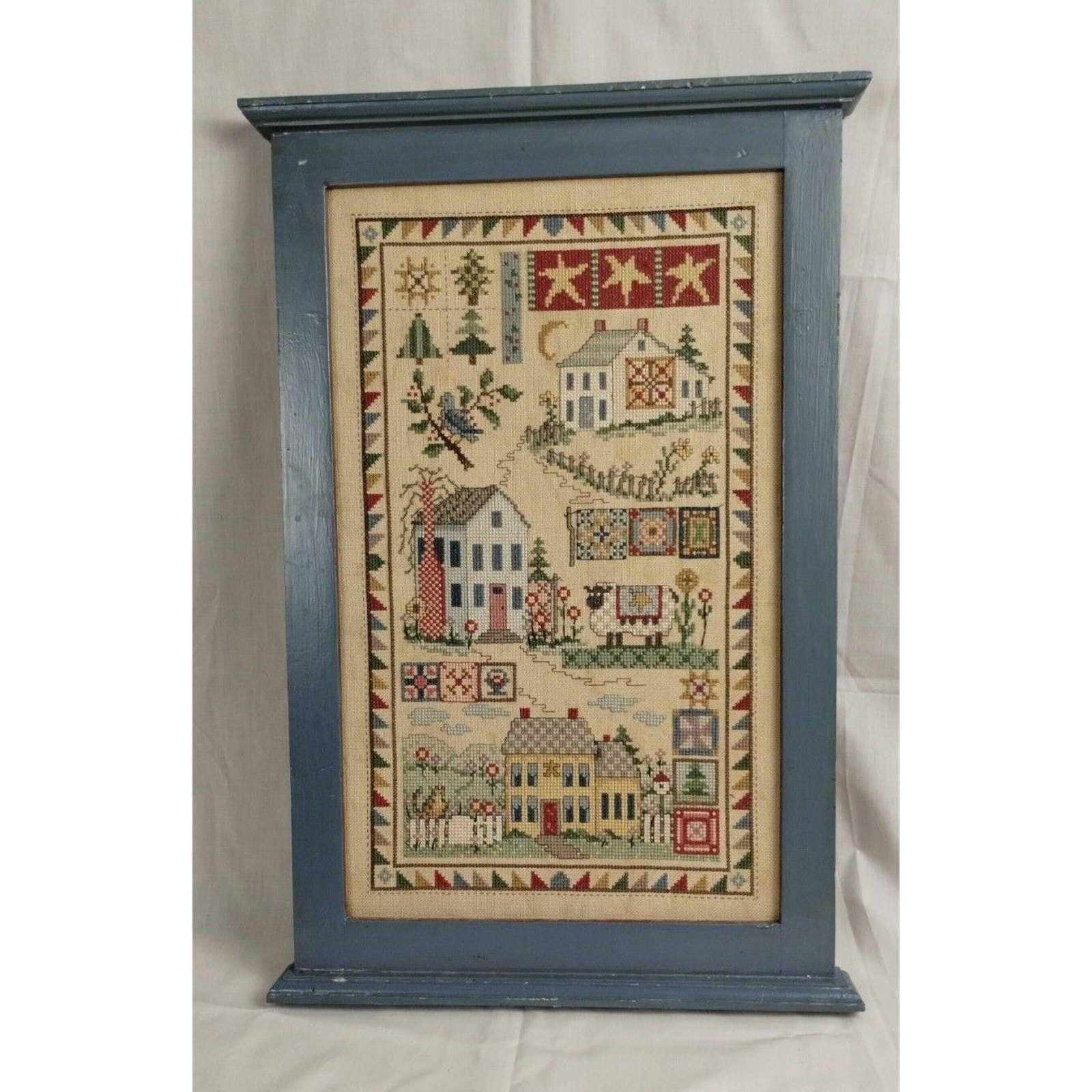 2007 Framed Signed Finished Needlepoint Folk Art - Homespun Hollow - Cottagecore