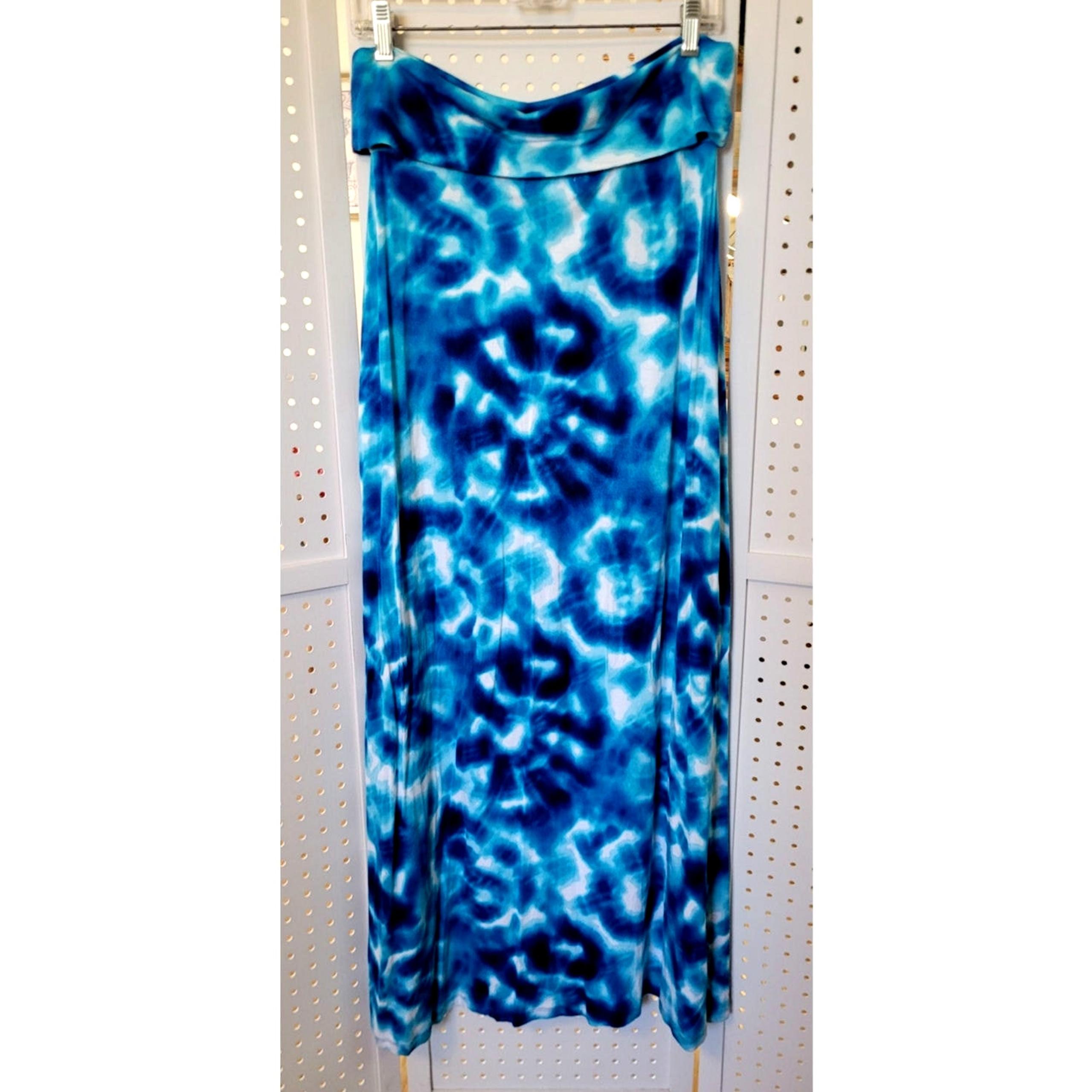 Calvin Klein Maxi Skirt M Foldover Waist Tie Dye Blue Coastal Boho Hippie Beachy
