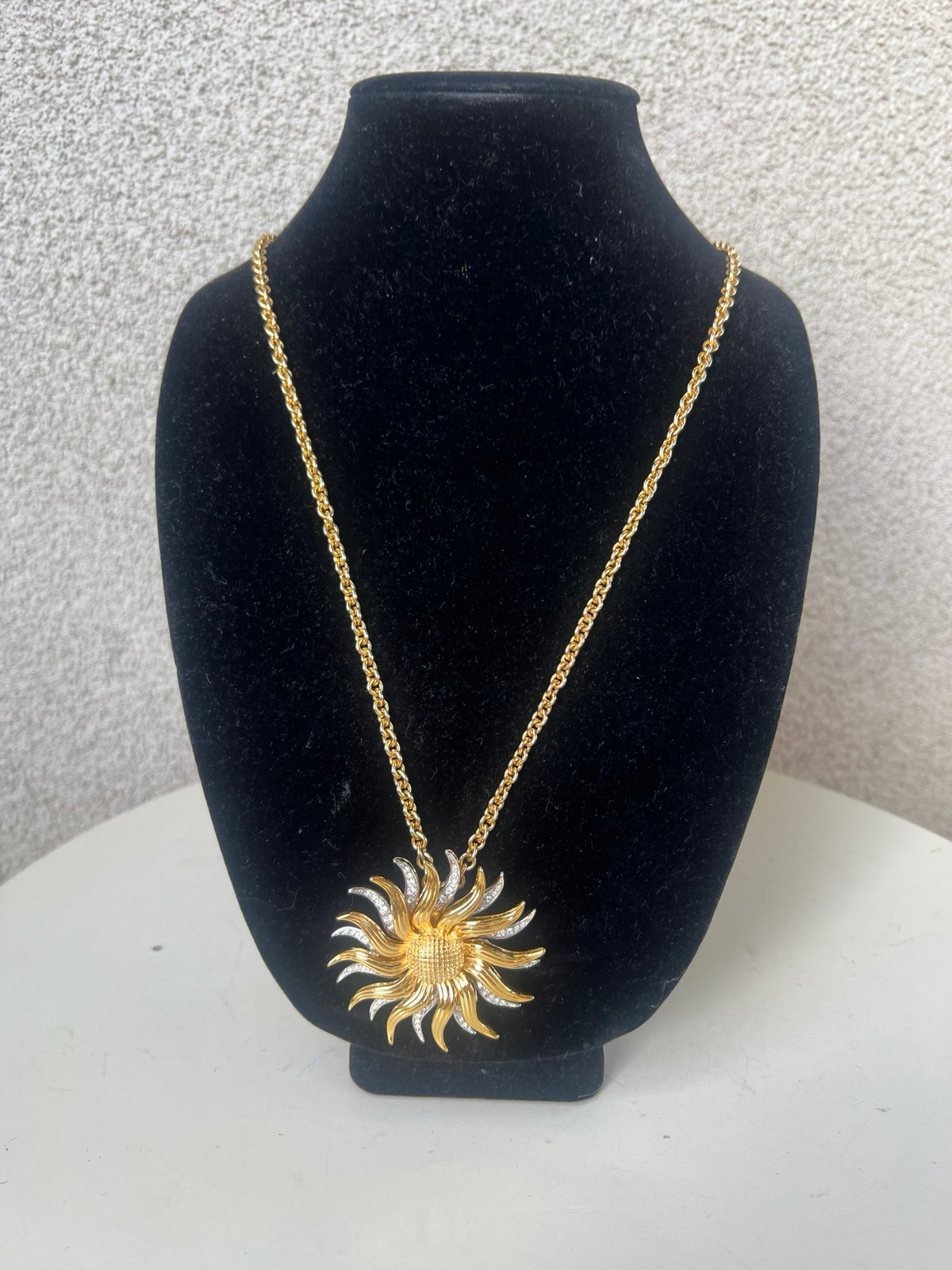 Vintage sunflower pendant/brooch necklace gold tones rhinestones by KJL