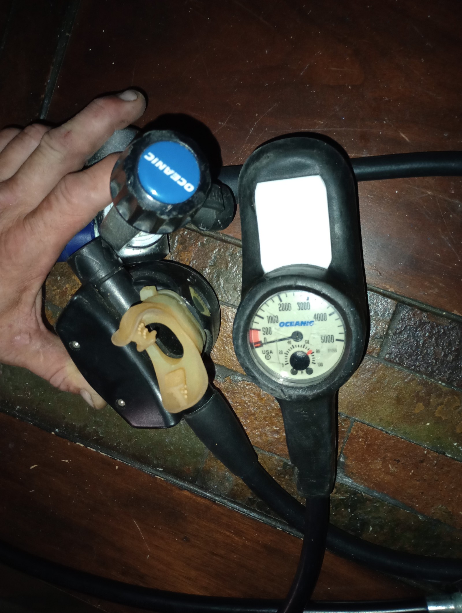 2 Sets of Scuba Regulators and one dual mouth piece - detail
