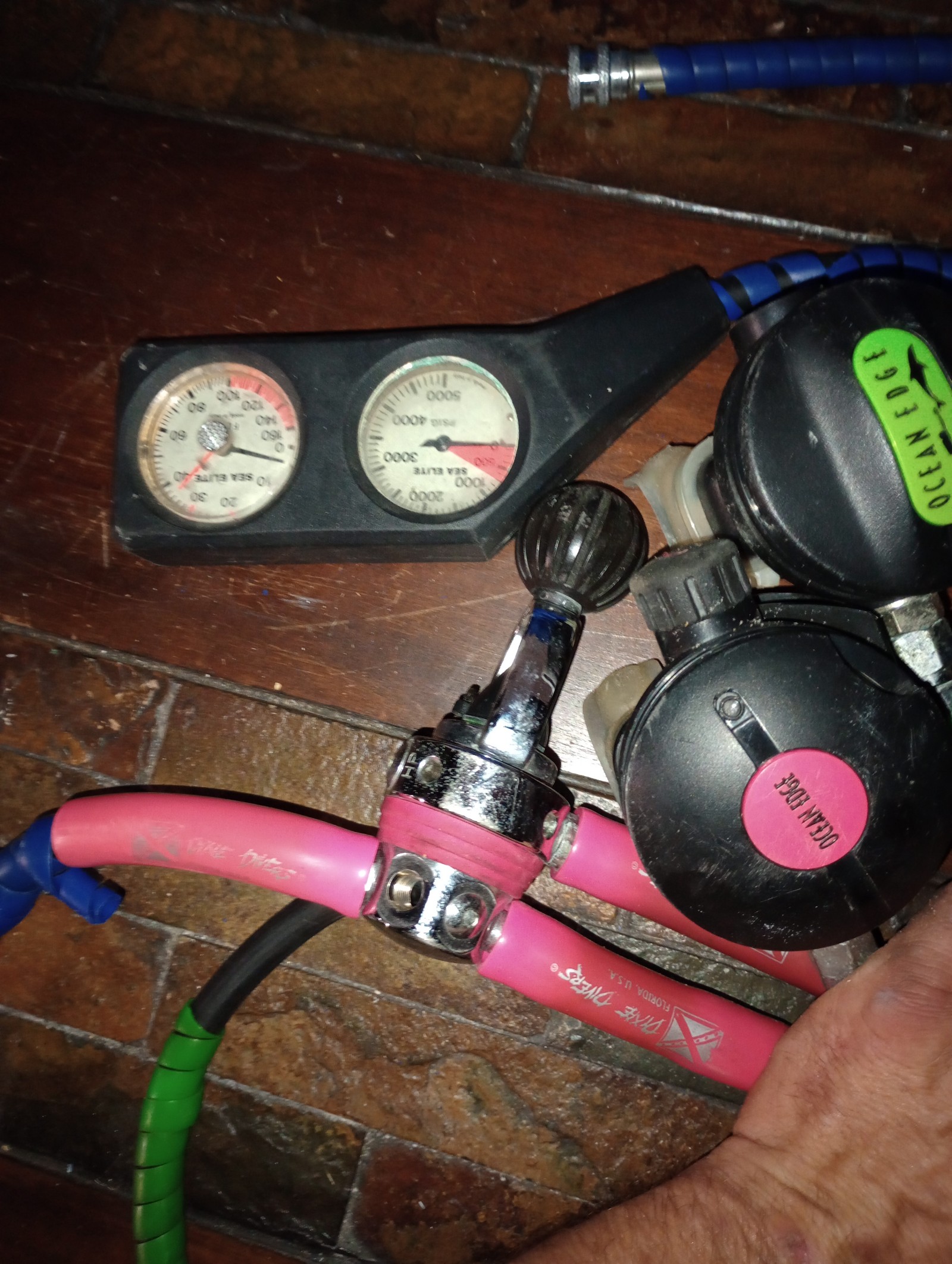 2 Sets of Scuba Regulators and one dual mouth piece - detail
