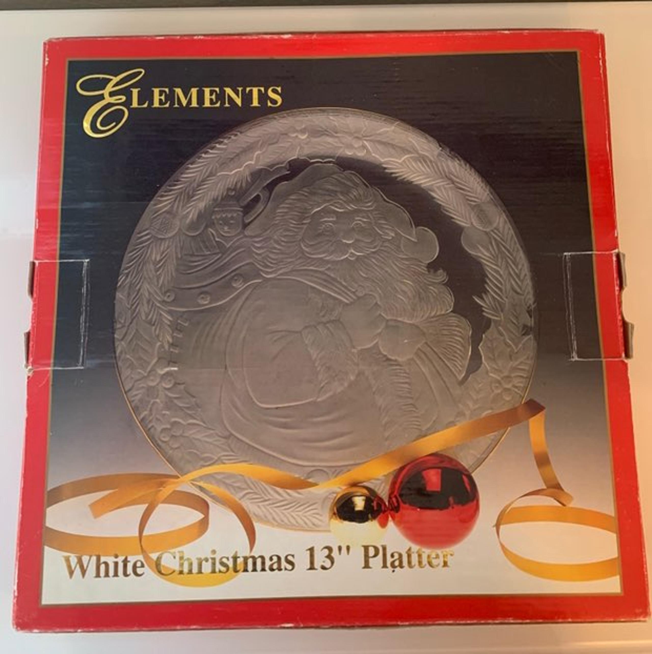 White Christmas Platter 13" Round by Elements, Clear and Frosted, Santa