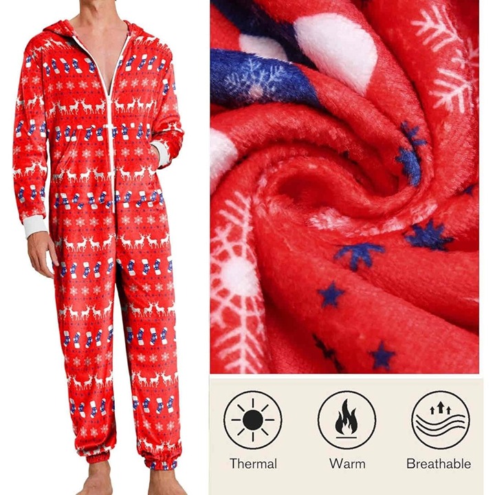 Unisex Fleece Hooded Christmas Motif Zip-Up Onesie Size Medium