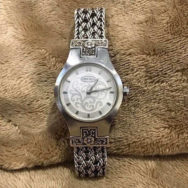 LOIS HILL Sterling Silver Watch Thai Weave Sterling Bracelet Band Floral Motif