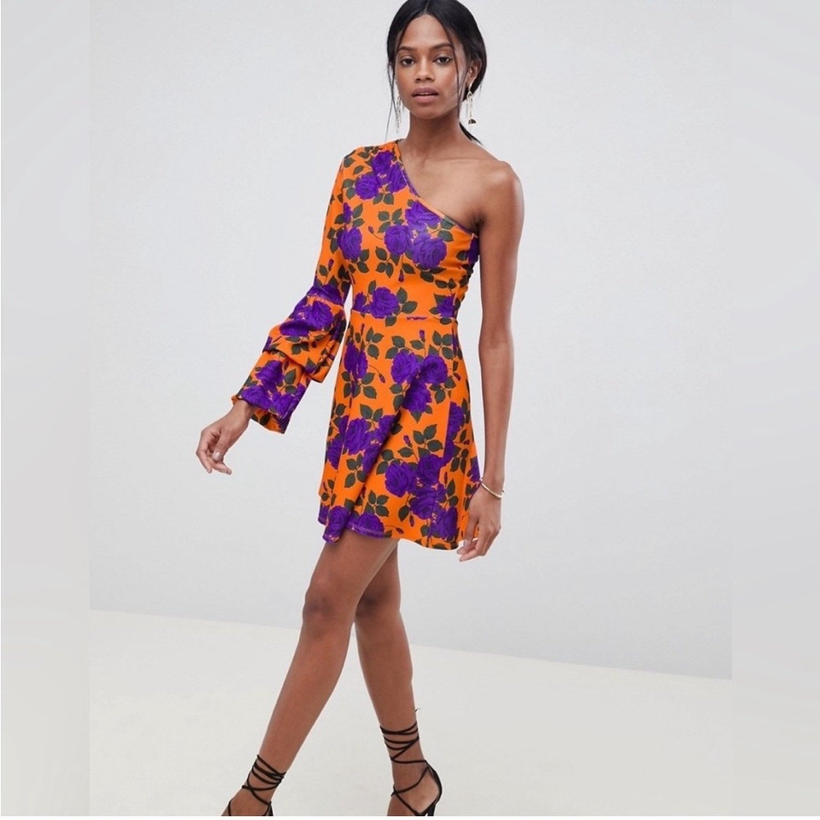 ASOS One Shoulder Mini Skater Dress with Double Bubble Sleeve Size 8