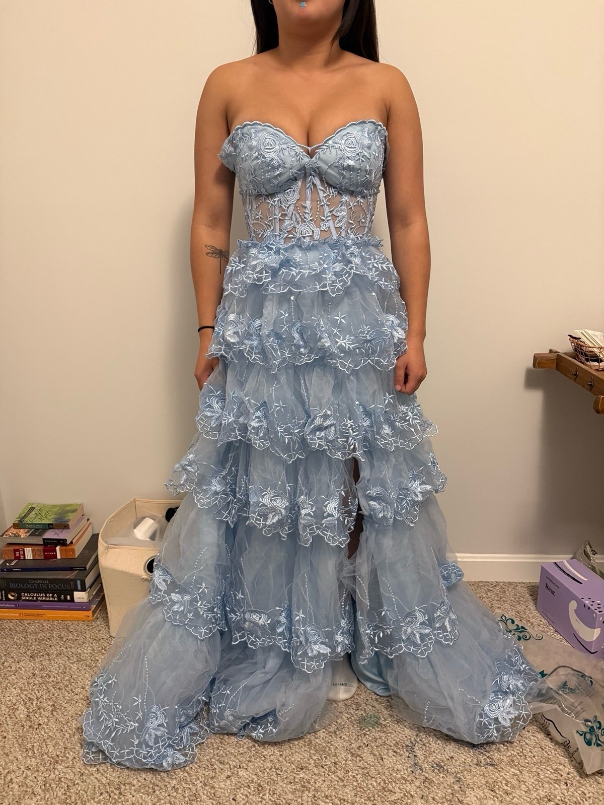 ZAPAKA Blue A Line Sequin Corset Tiered Long Prom Dress