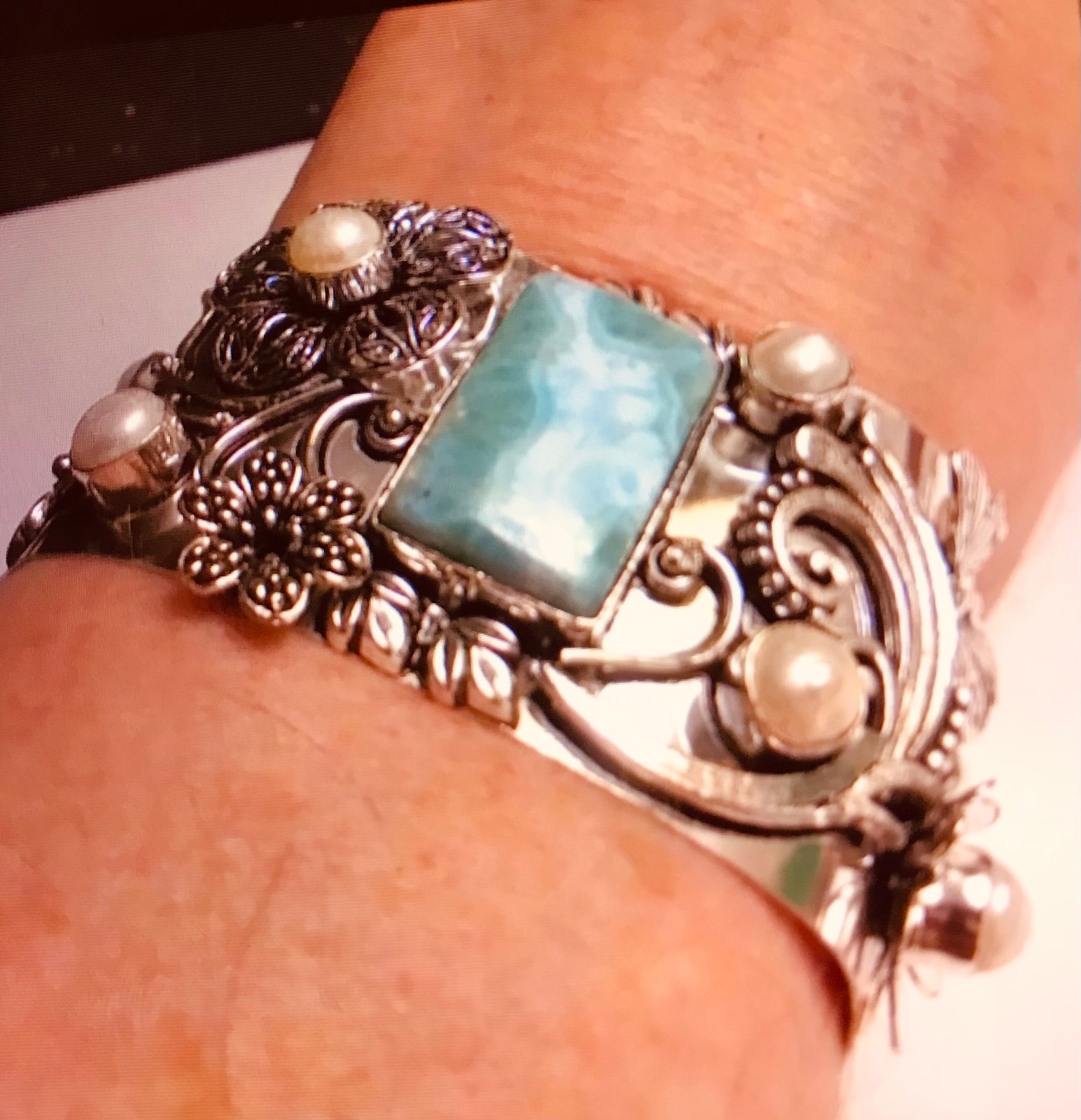 Larimar Pearl 925 Sterling Silver Cuff Bracelet